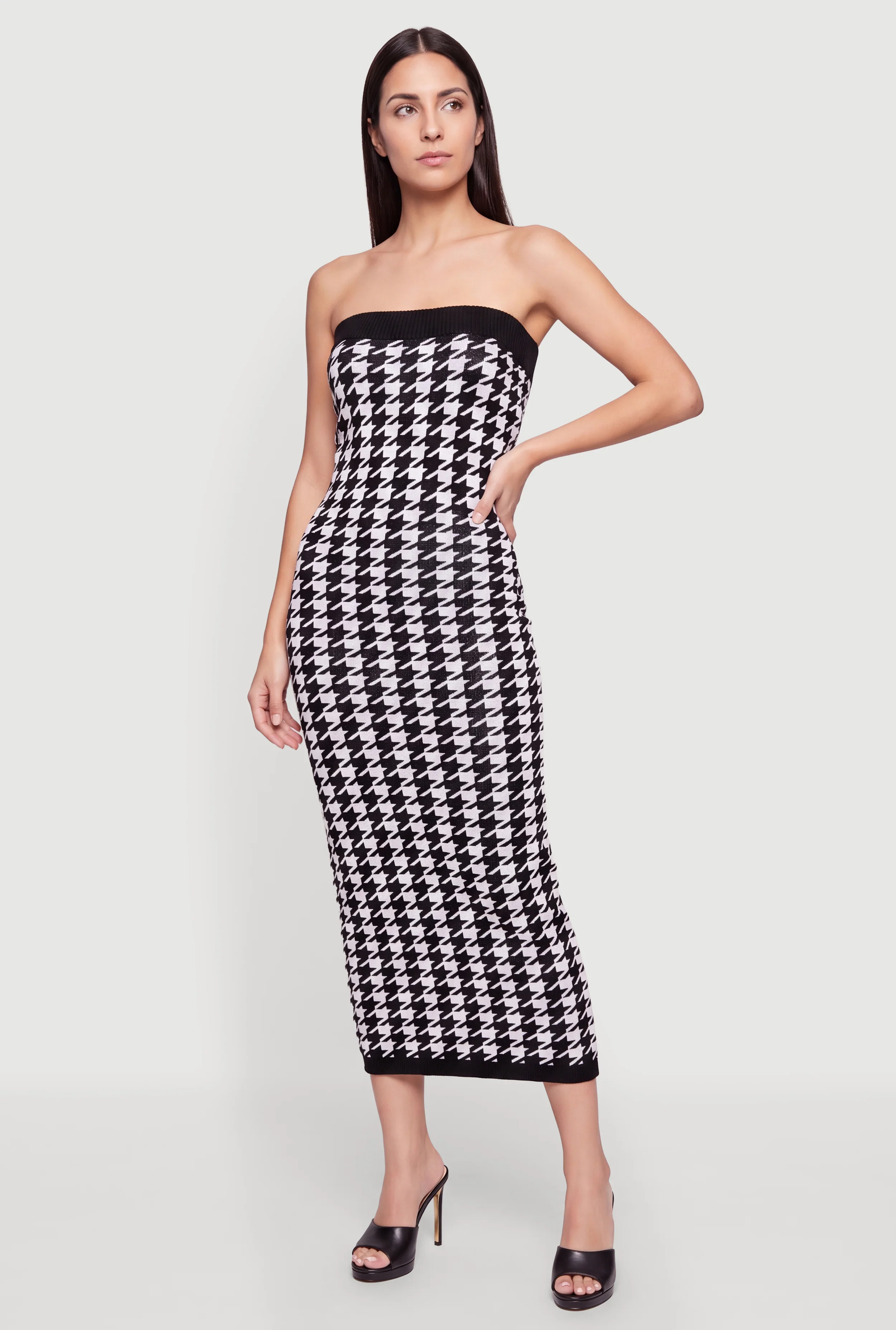 Houndstooth Plaid Tube Midi Sweater Dress