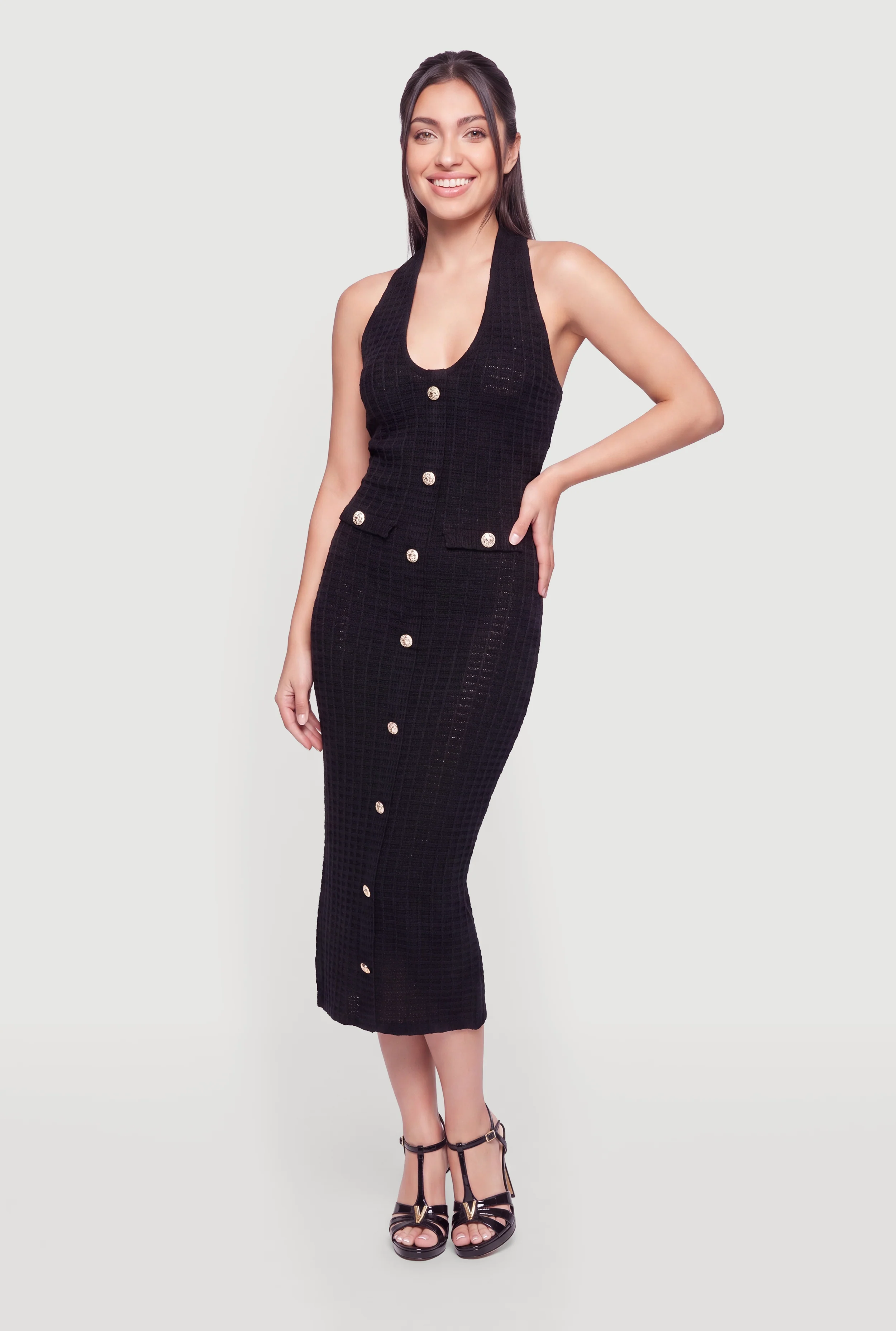 Waffle Knit Faux Button Front Halter Maxi Dress