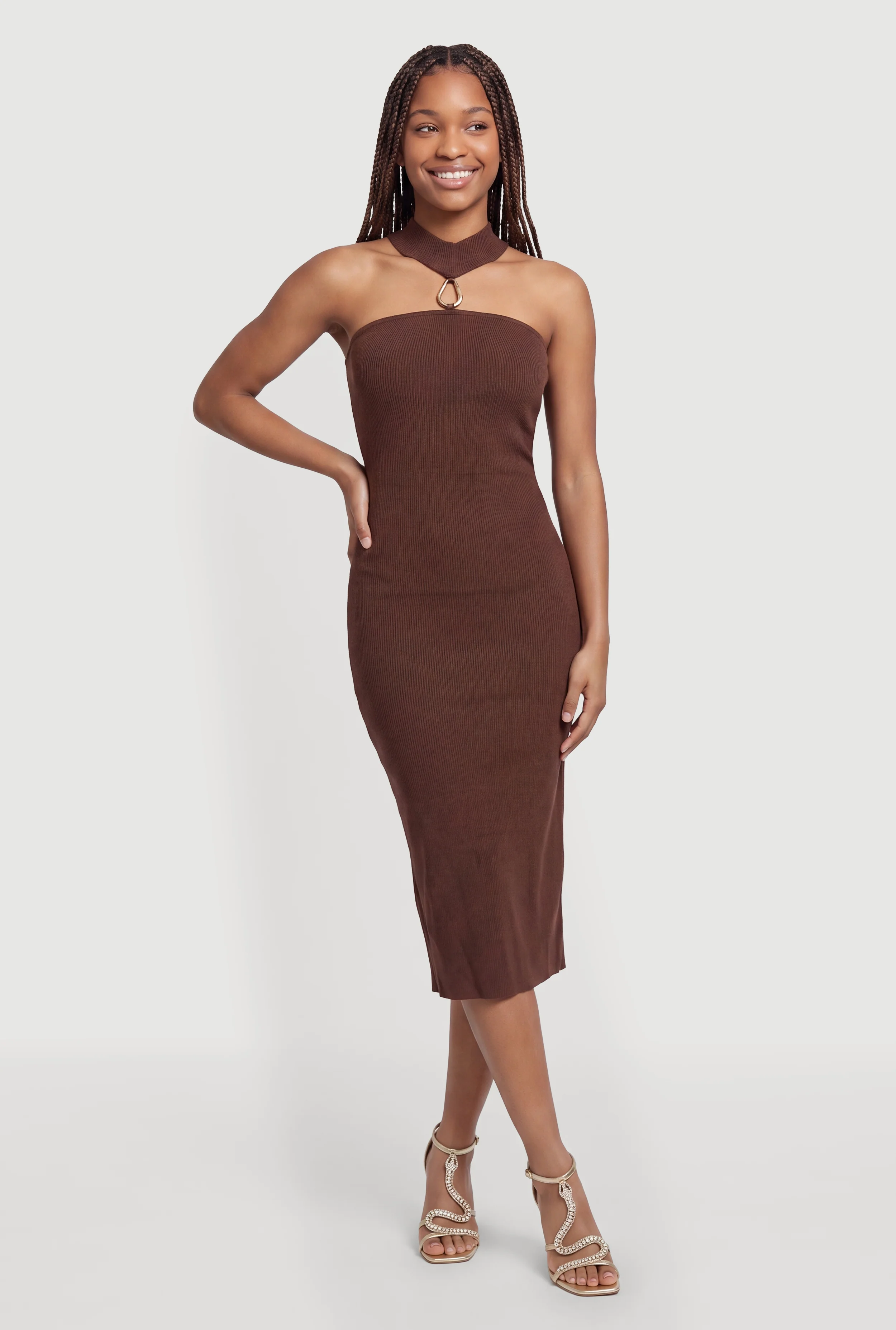 Metallic Detail Choker Midi Dress