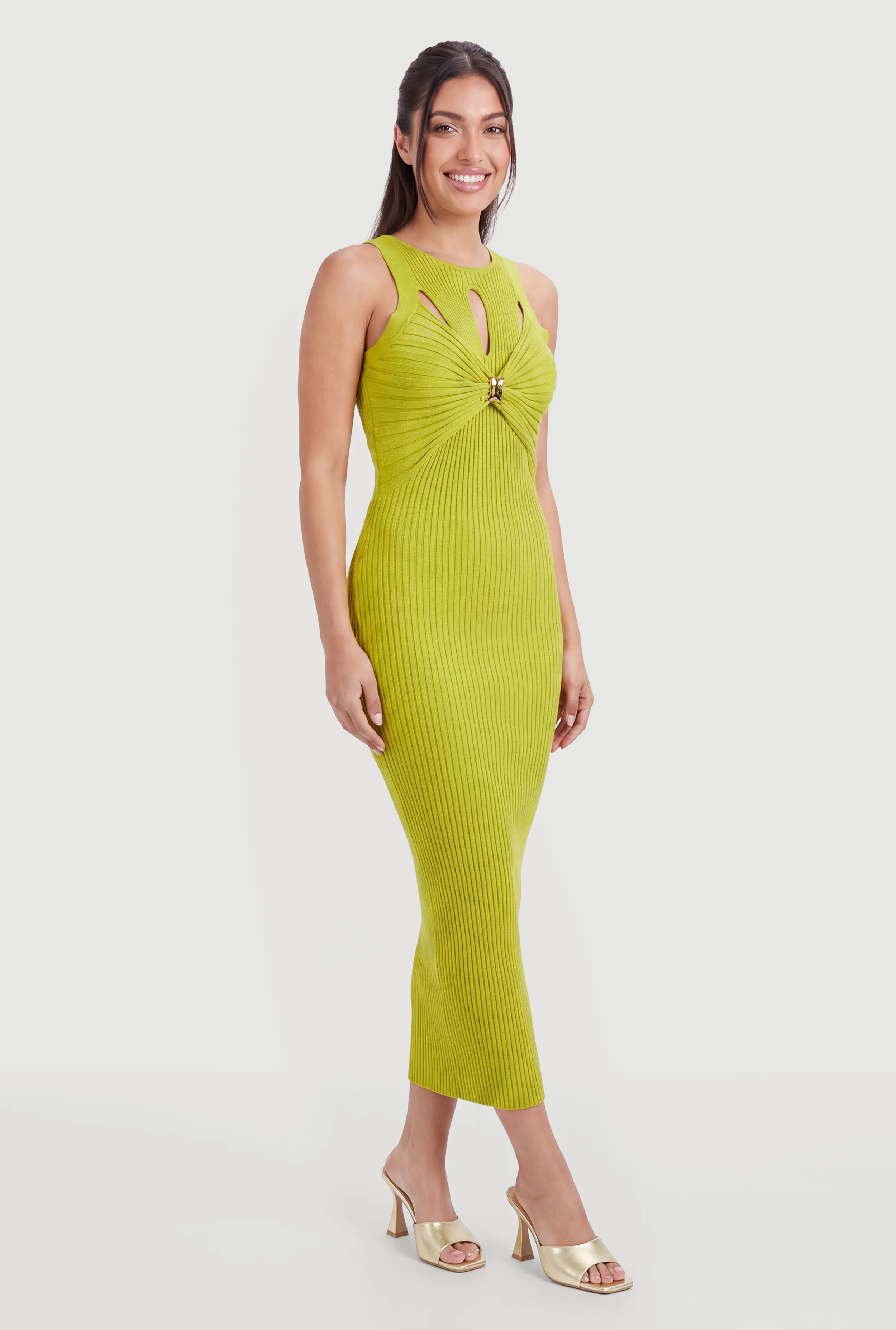 Ribbed Knit Twist Front Metallic Detail Cutout Maxi Dress