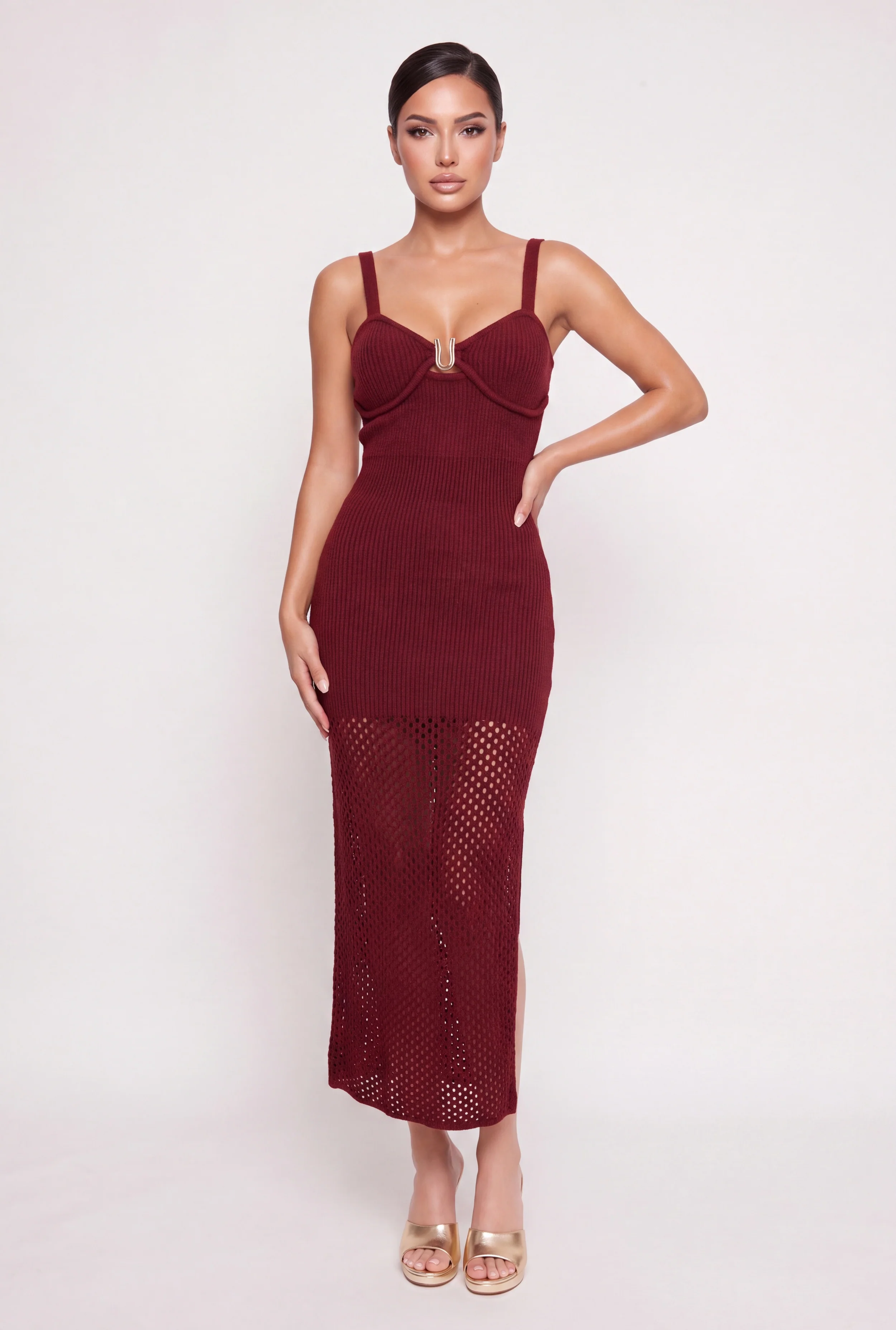 Metallic Detail Cutout Knit Maxi Dress