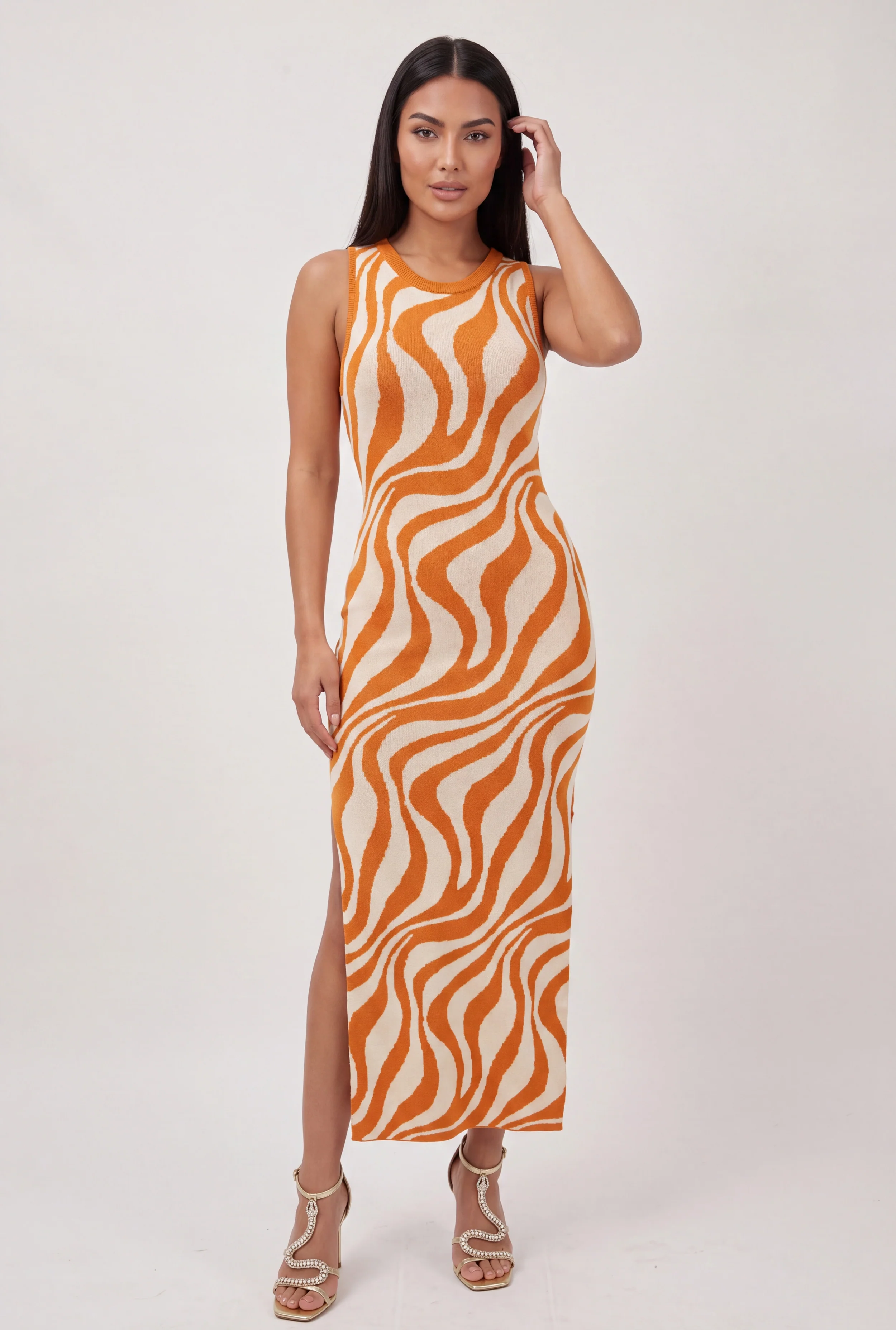 Abstract Swirl Print Knit Side Slit Maxi Dress