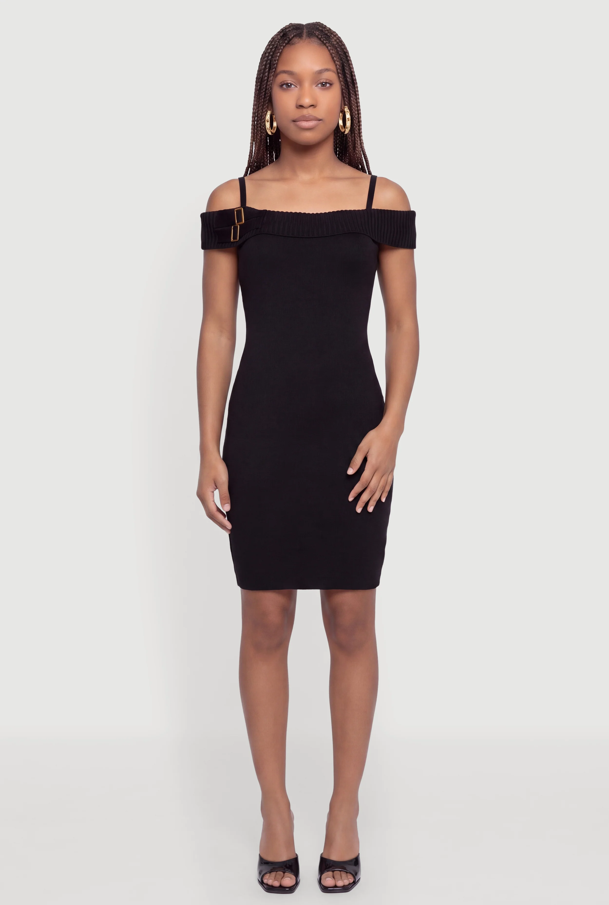 Buckle Detail Cold Shoulder Sweater Dress