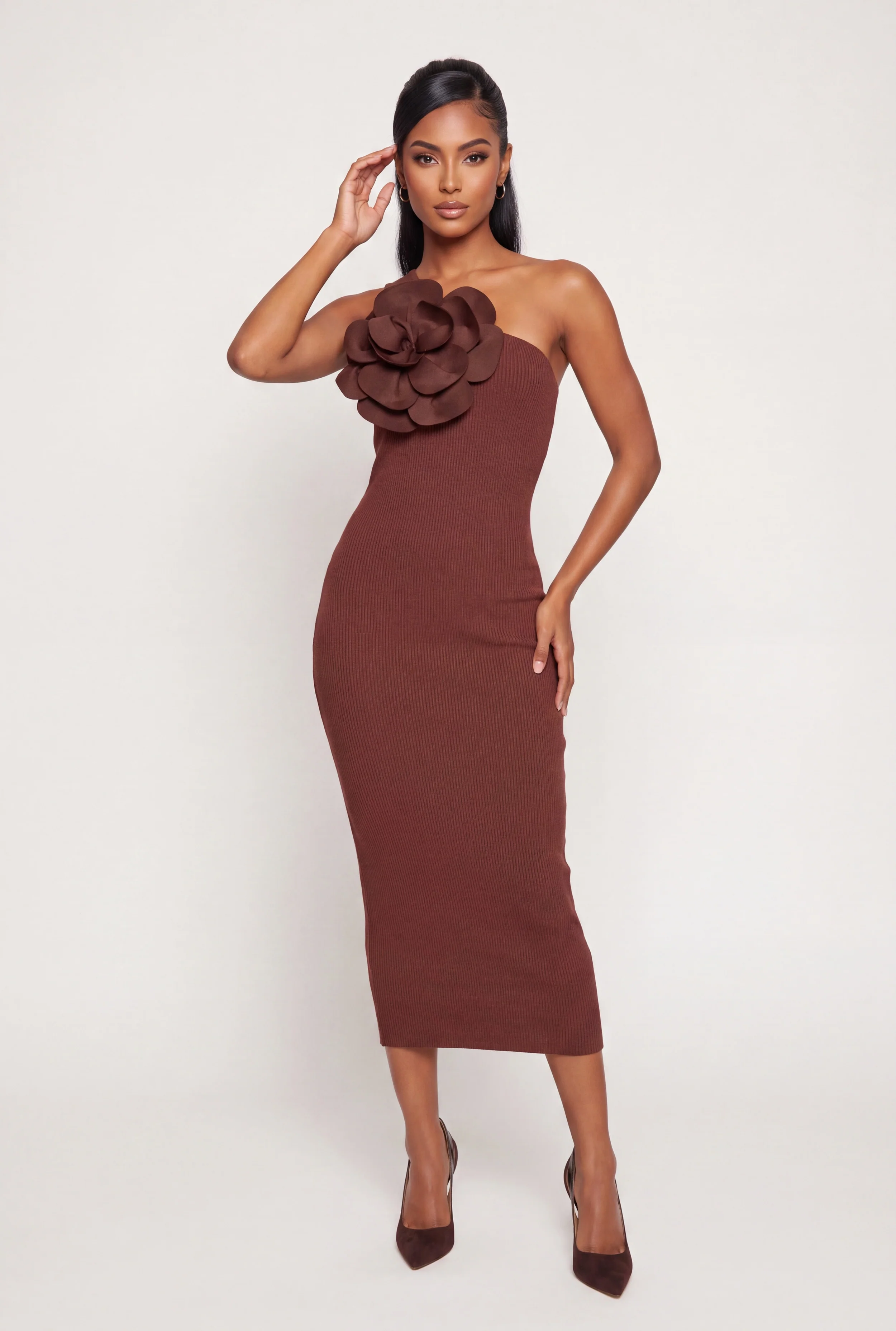 3D Flower Detail One Shoulder Sweater Dress
