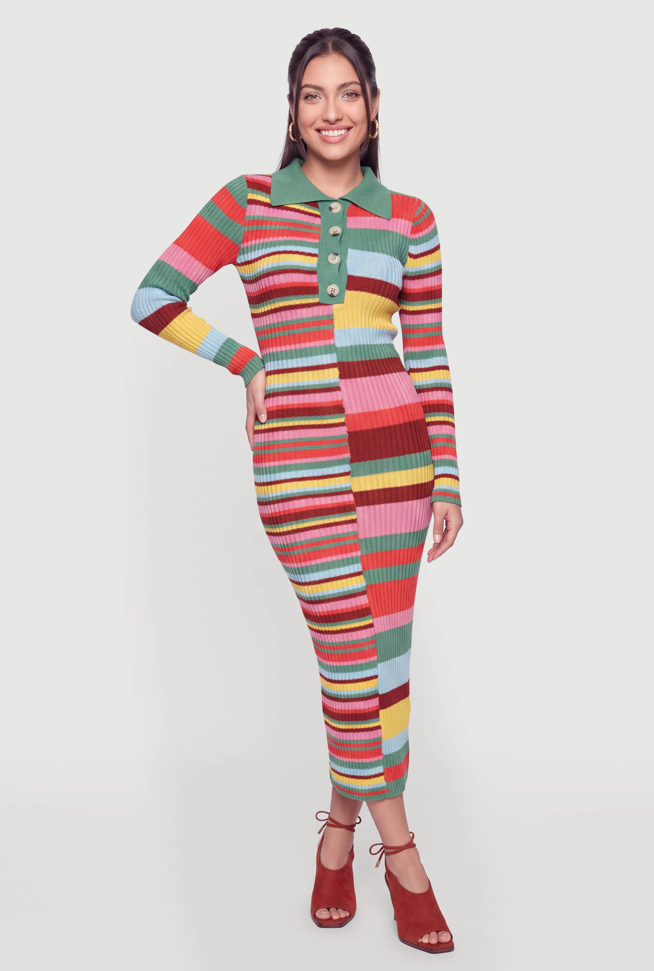 Color Blocked Button Front Sweater Dress