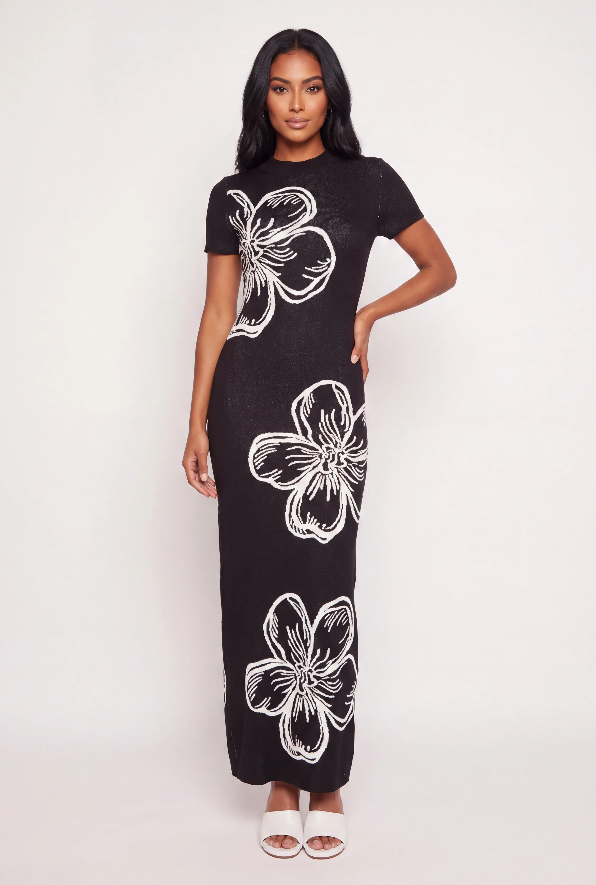 Printed Short Sleeve Maxi Sweater Dress with Back Slit