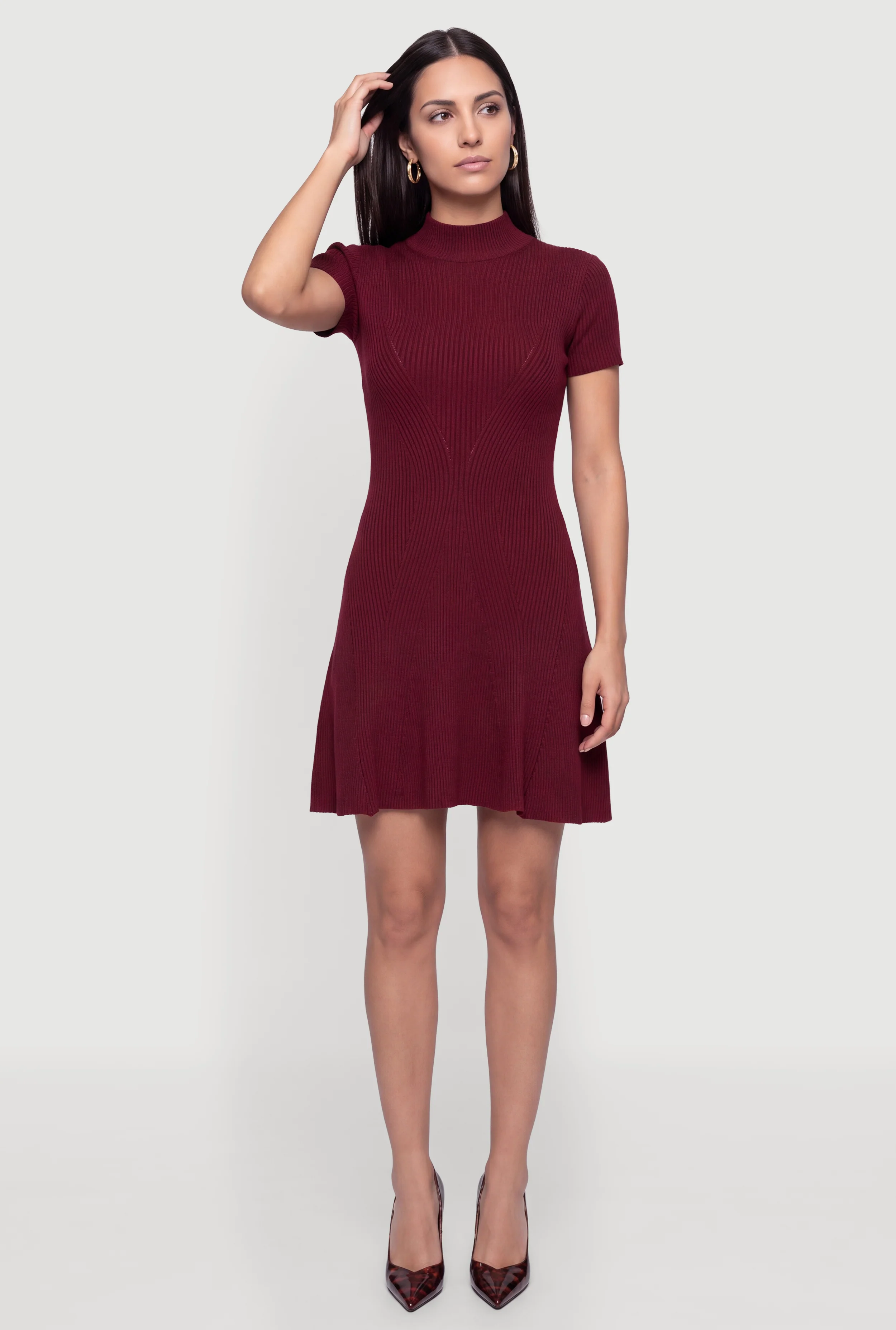 Ribbed Knit Mock Neck Short Sleeve Skater Dress
