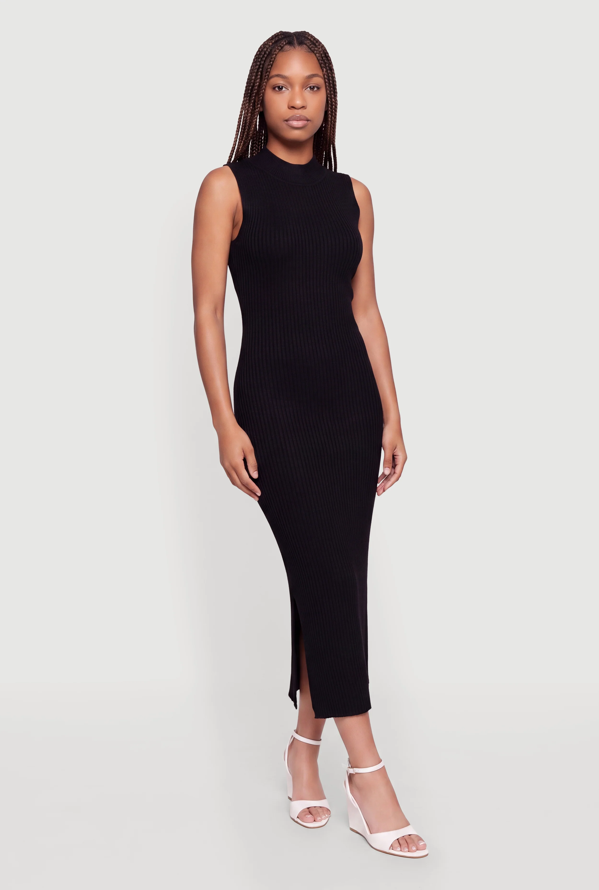 Sleeveless Ribbed Knit Mock Neck Maxi Dress with Side Slit