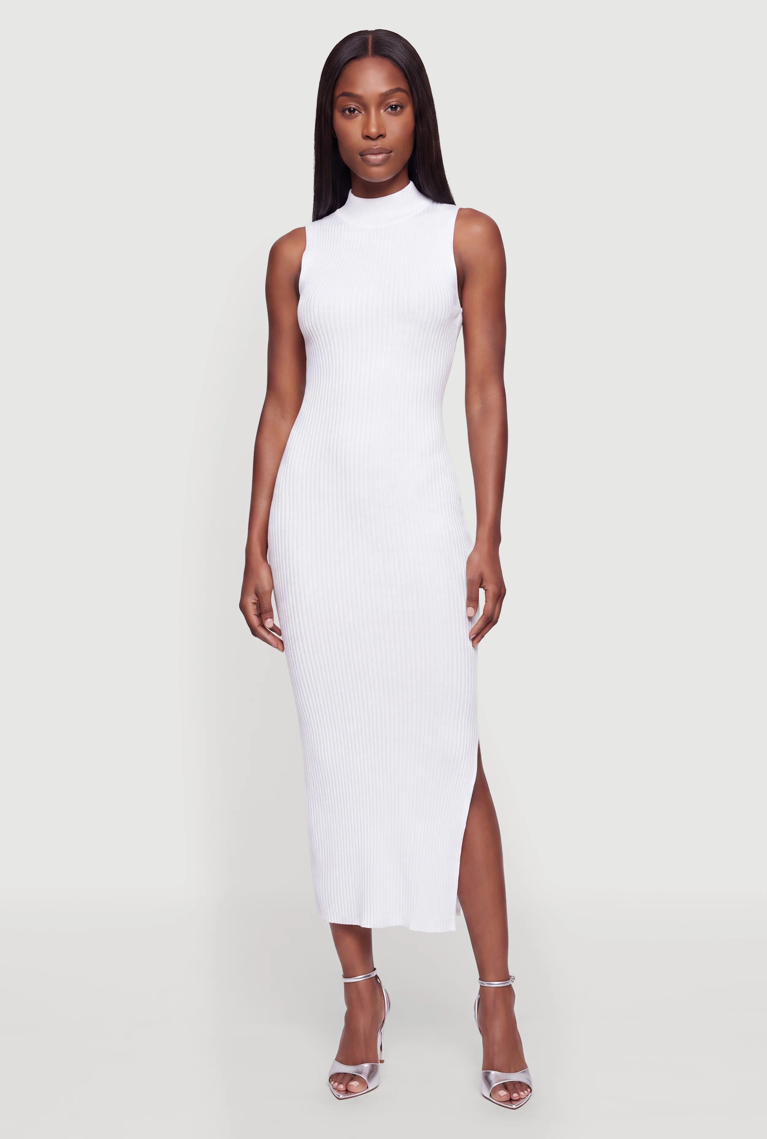 Sleeveless Ribbed Knit Mock Neck Maxi Dress with Side Slit