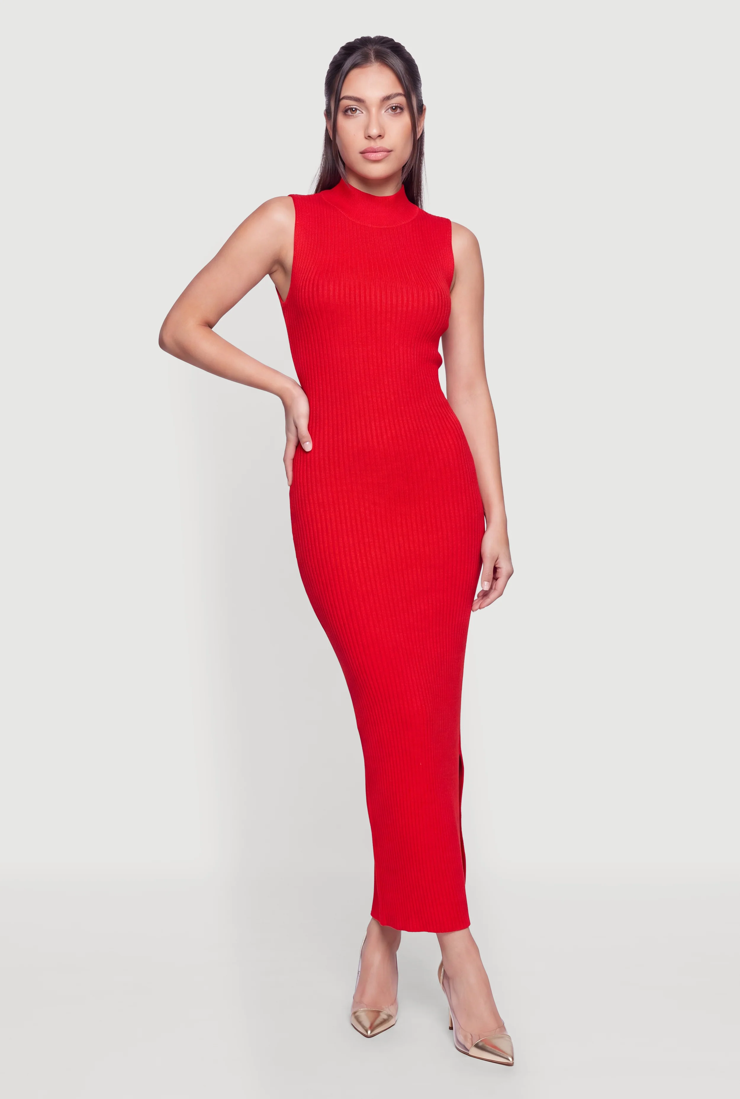 Sleeveless Ribbed Knit Mock Neck Maxi Dress with Side Slit