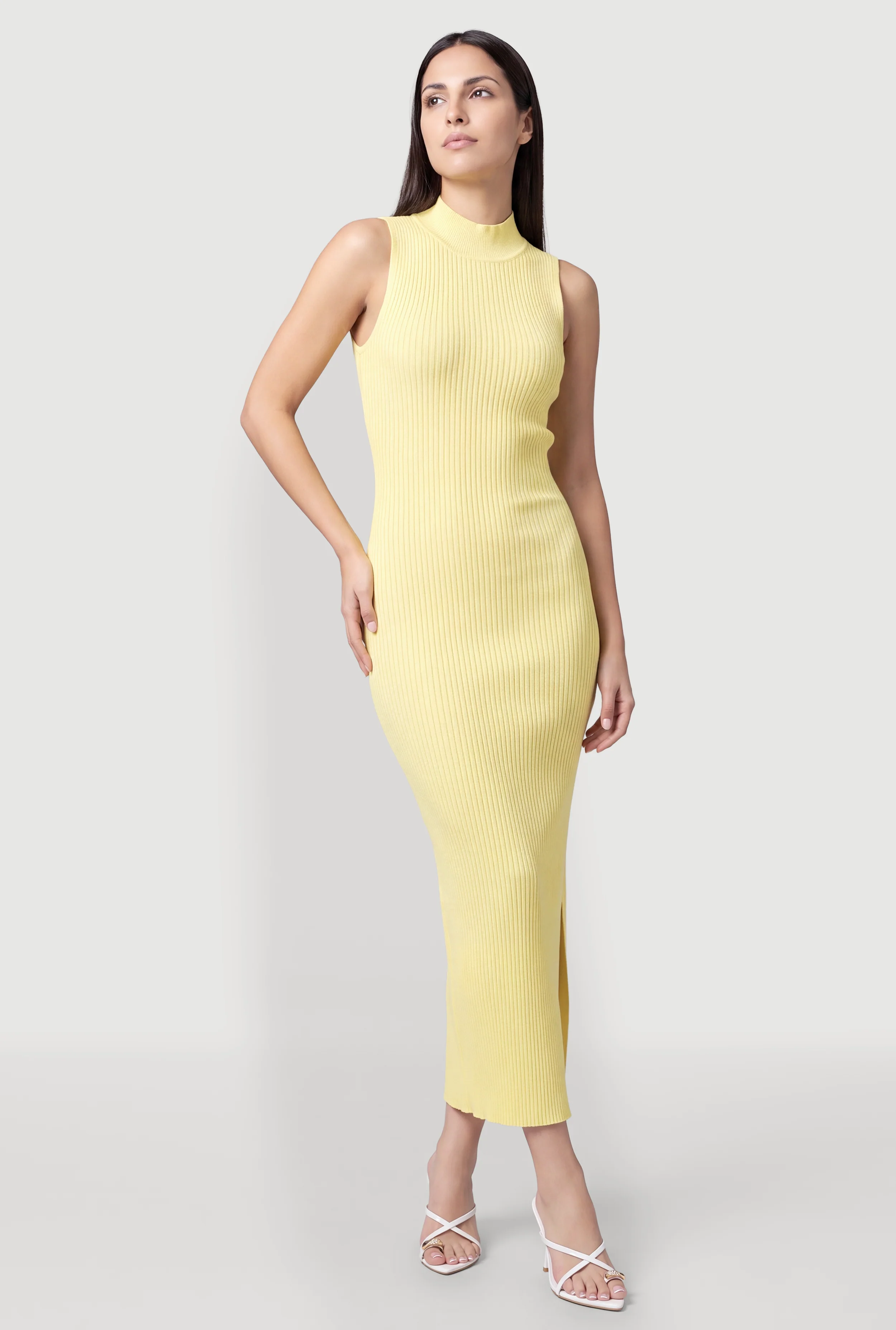 Sleeveless Ribbed Knit Mock Neck Maxi Dress with Side Slit