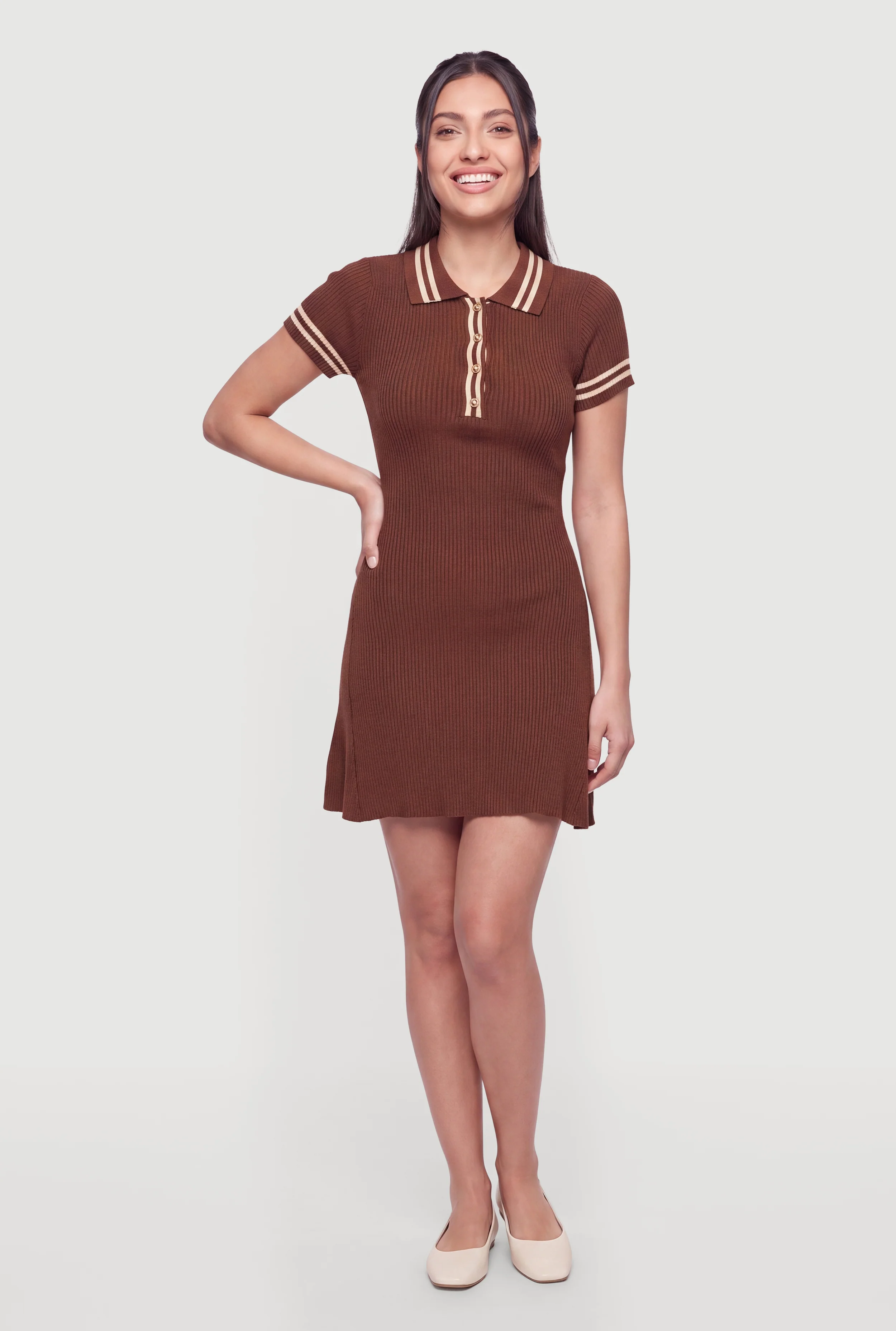 Ribbed Knit Striped Trim Polo Dress