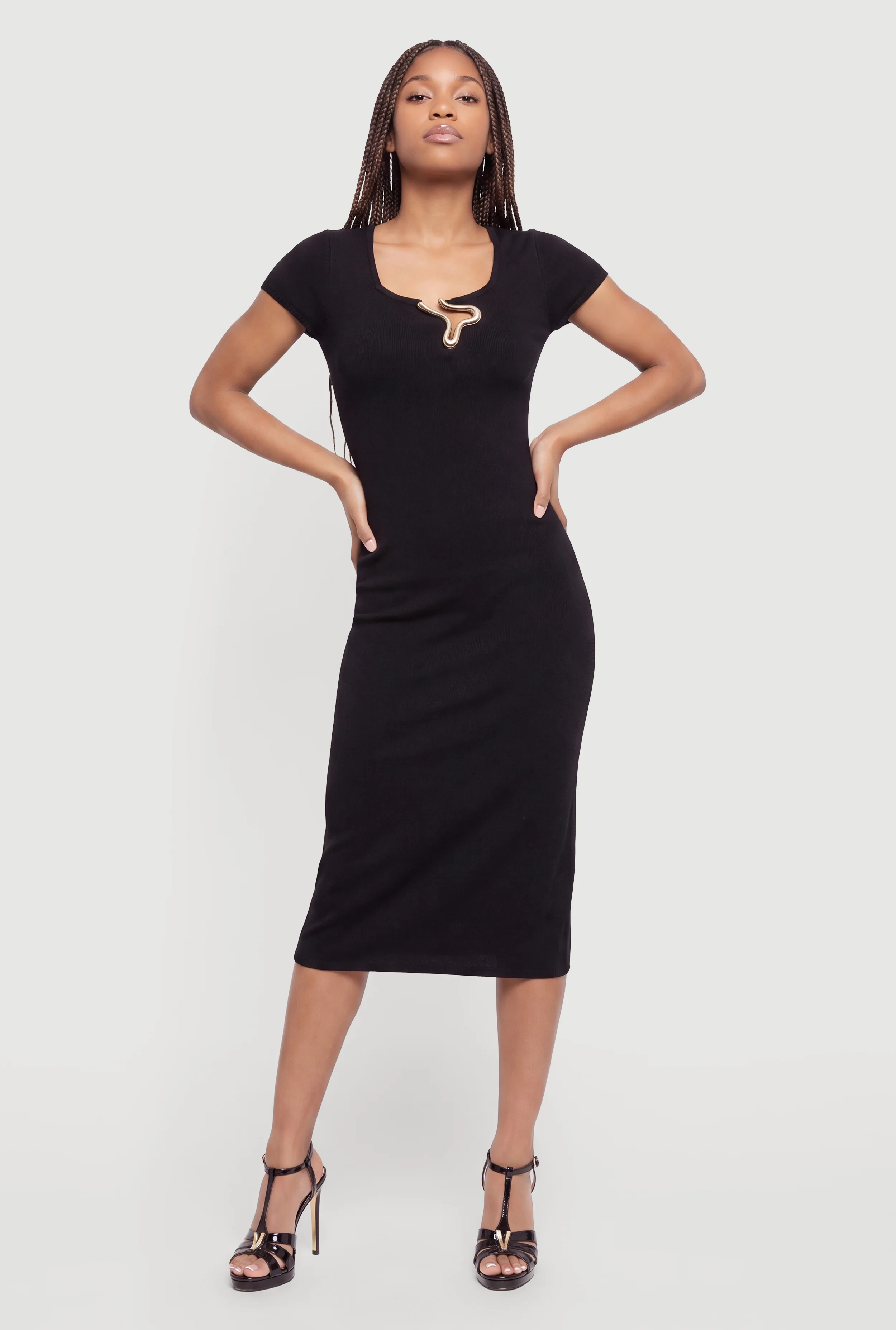 Metallic Neckline Detail Midi Sweater Dress