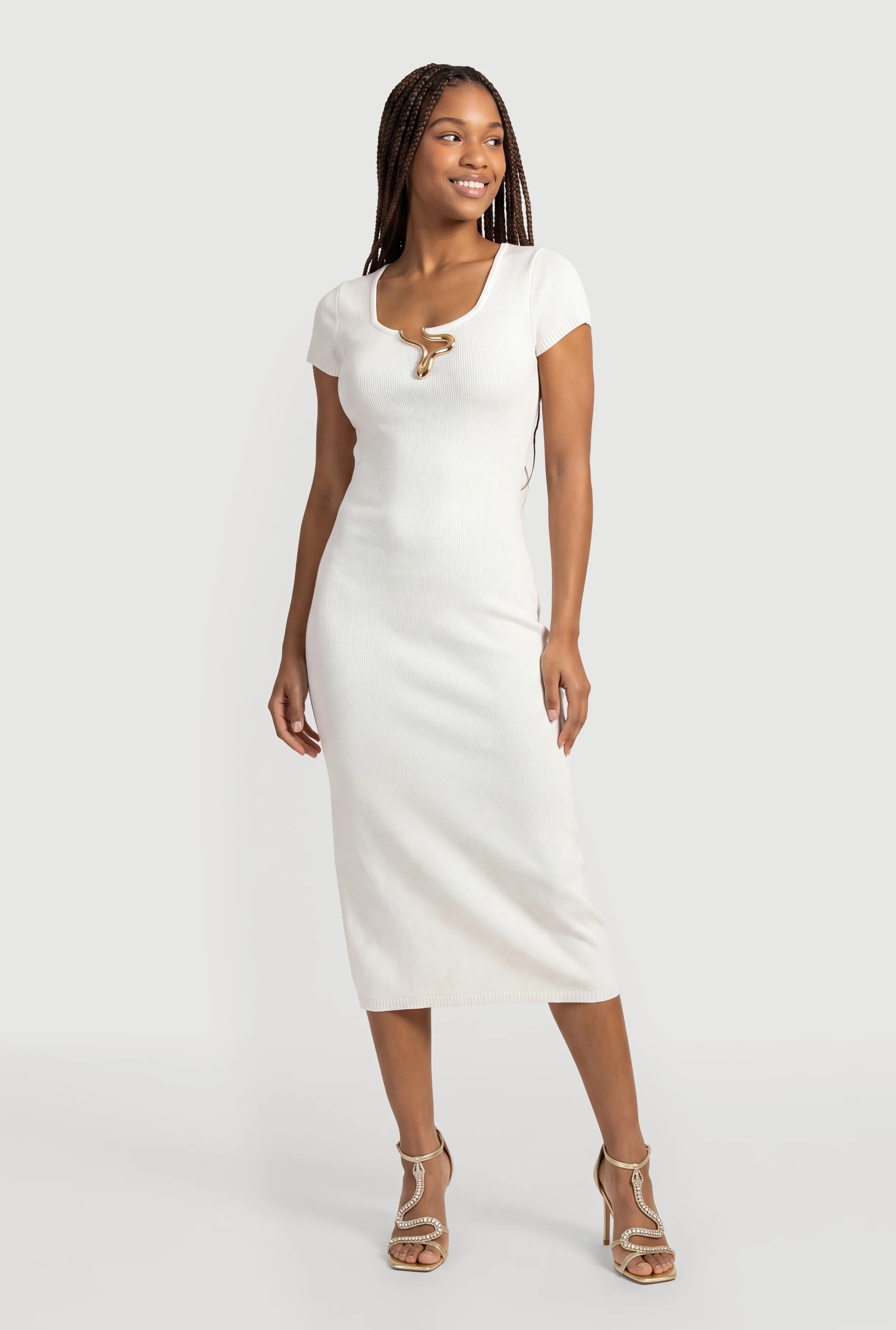 Metallic Neckline Detail Midi Sweater Dress