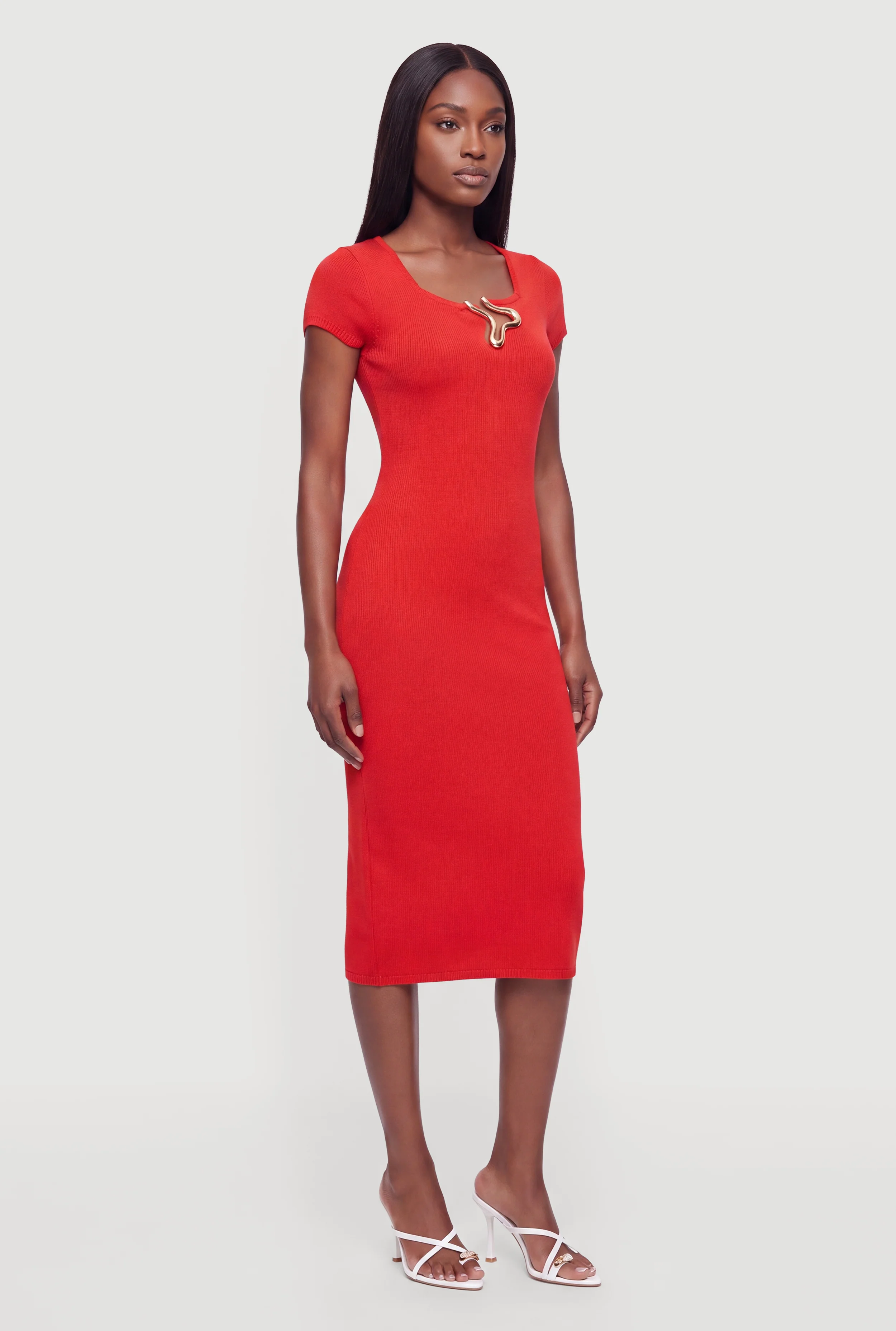 Metallic Neckline Detail Midi Sweater Dress