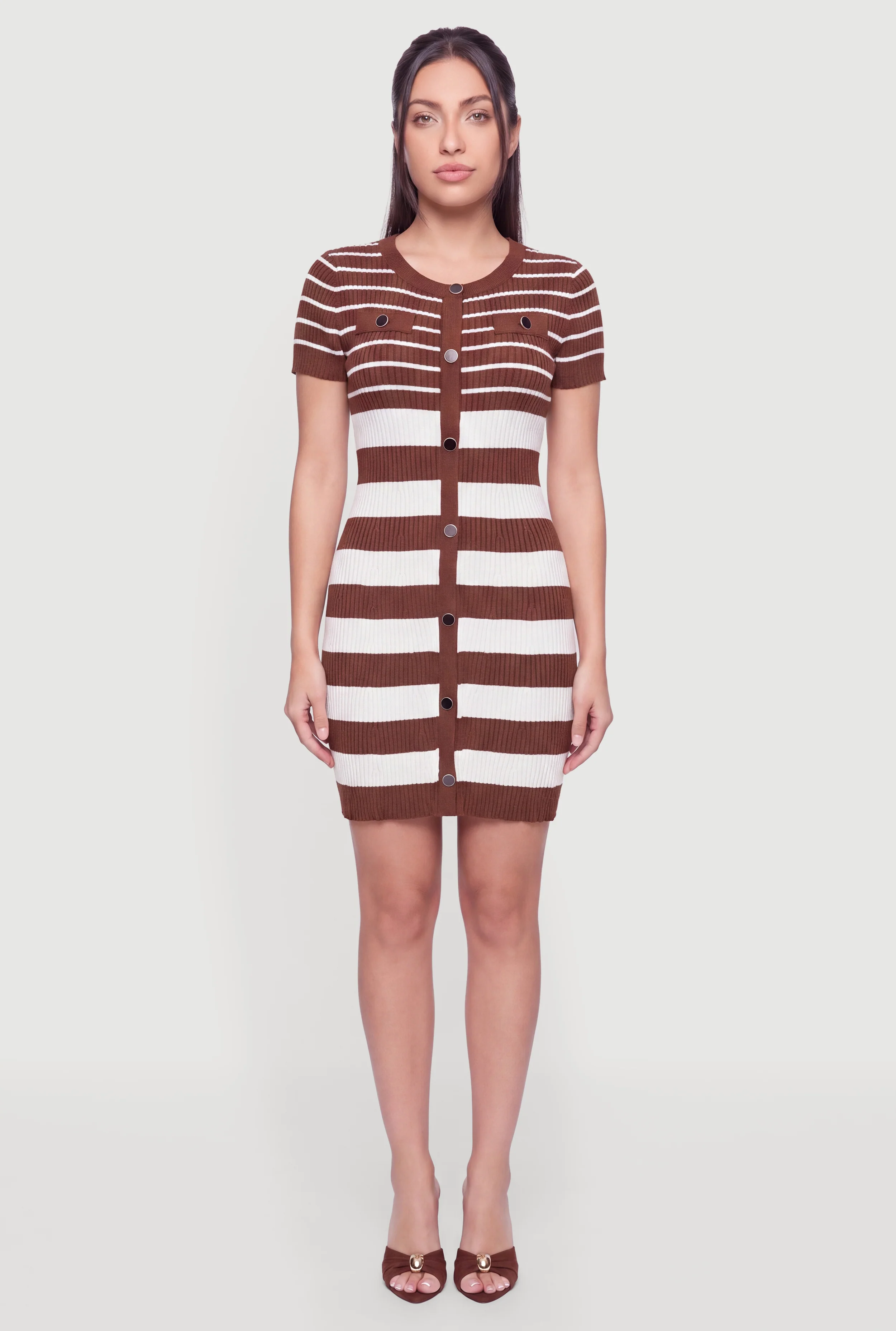 Ribbed Knit Faux Button Front Striped Dress