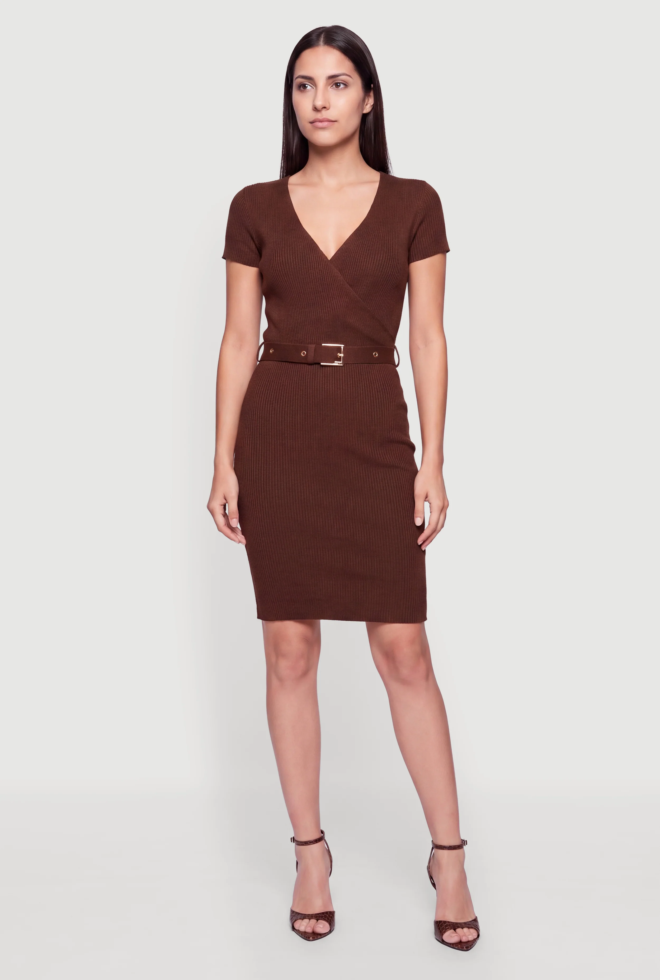 Ribbed Knit Grommet Belted Mini Dress