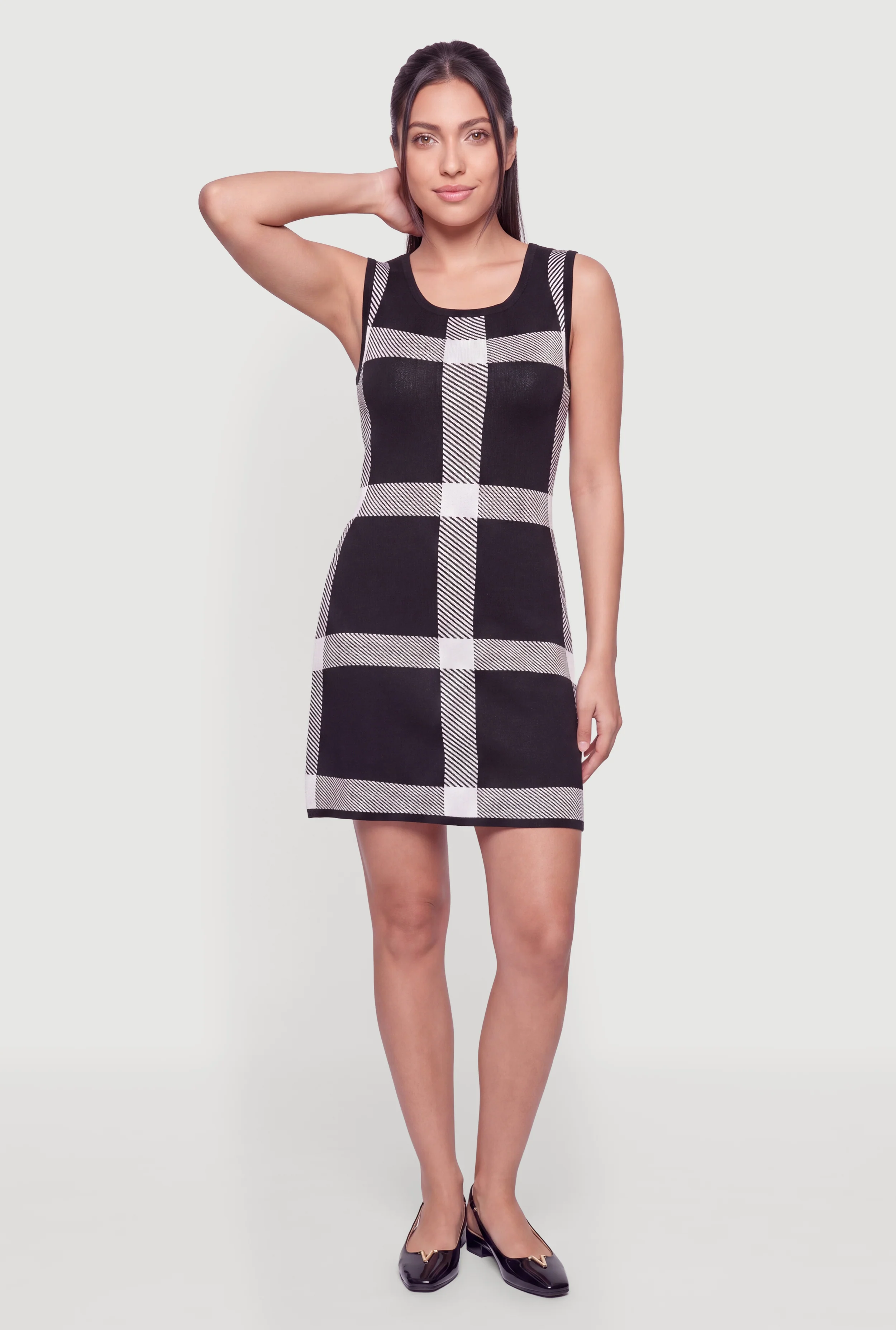 Windowpane Scoop Neck Mini Dress