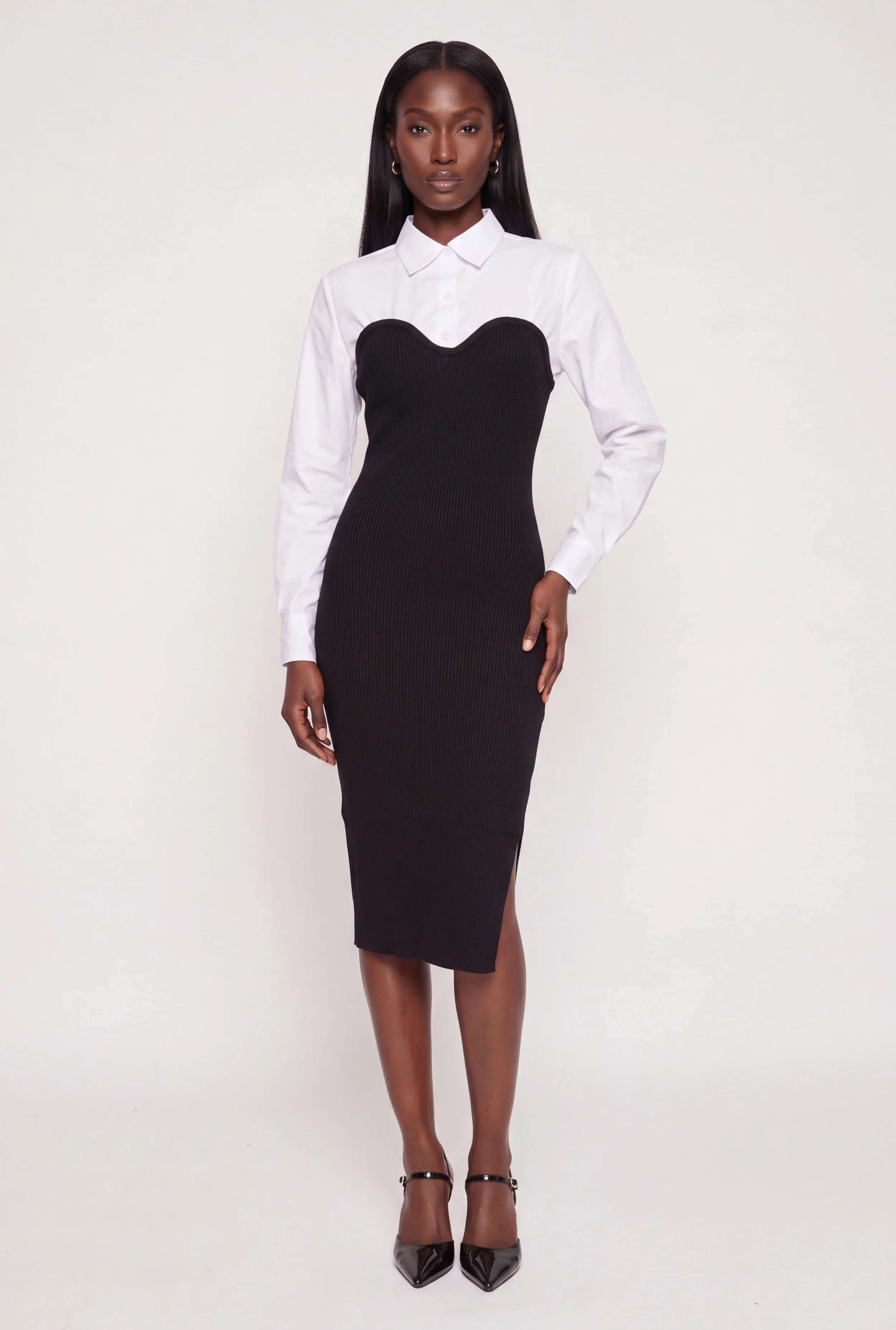 Rib Knit Layered Look Side Slit Sweater Dress