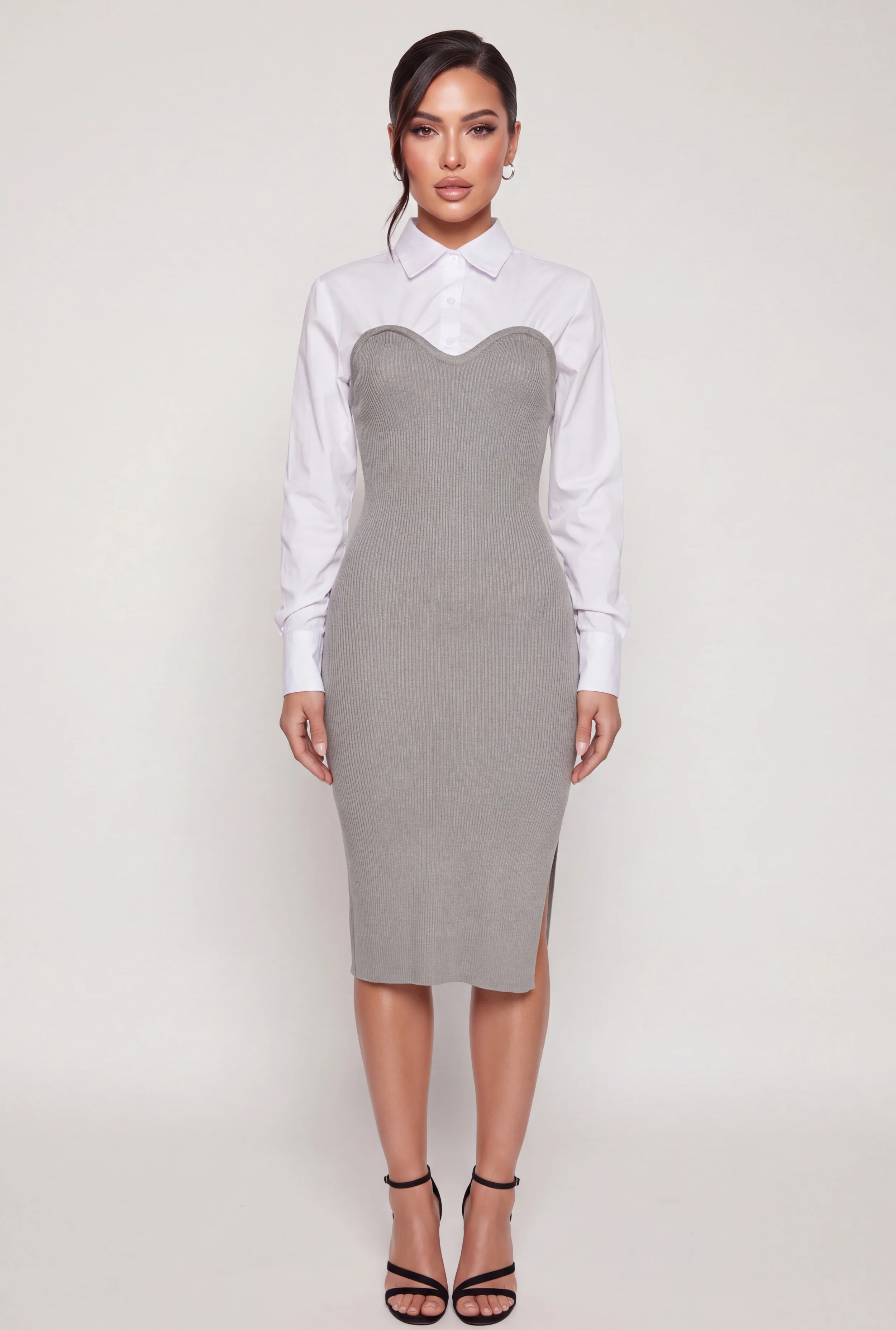 Rib Knit Layered Look Side Slit Sweater Dress