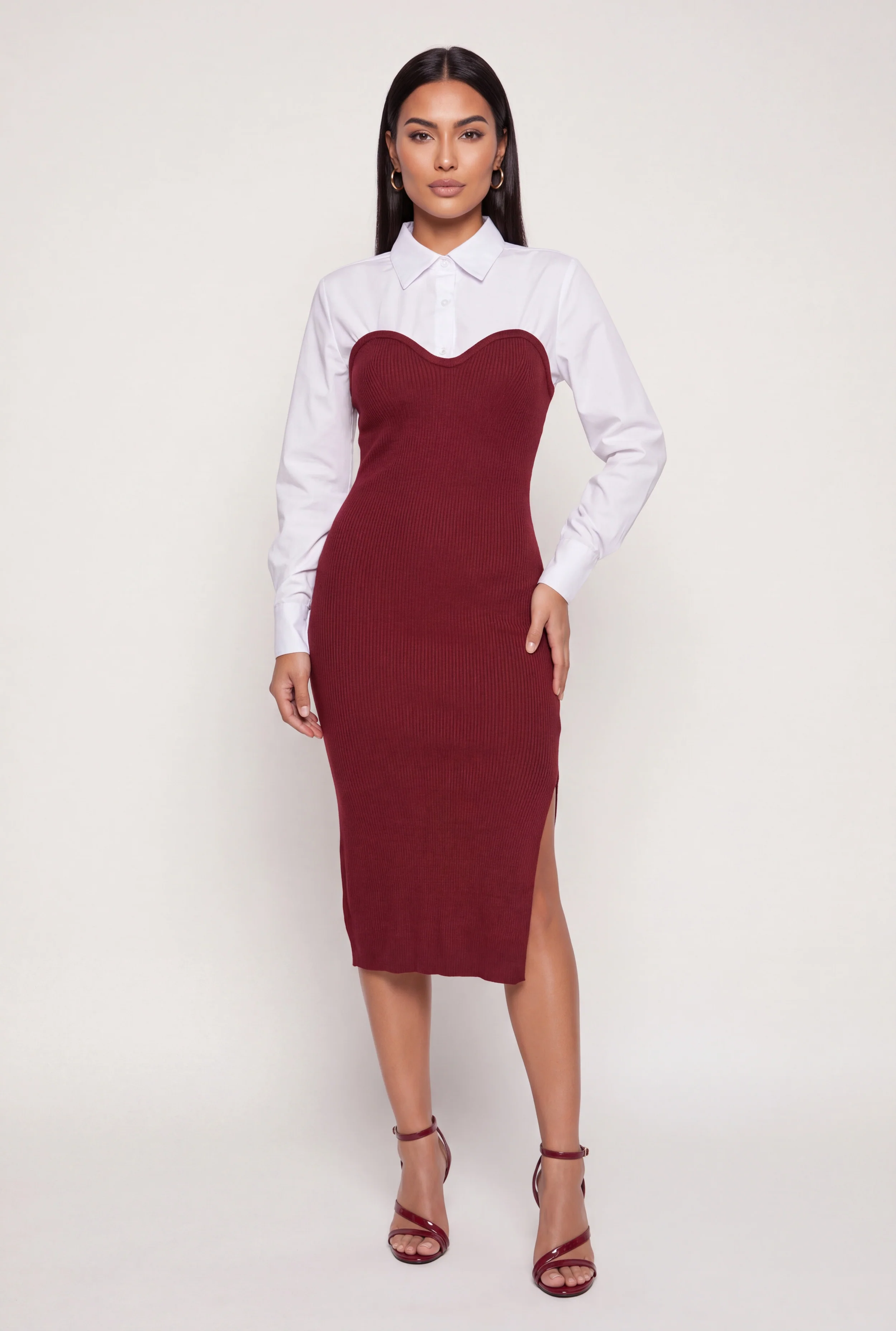 Rib Knit Layered Look Side Slit Sweater Dress