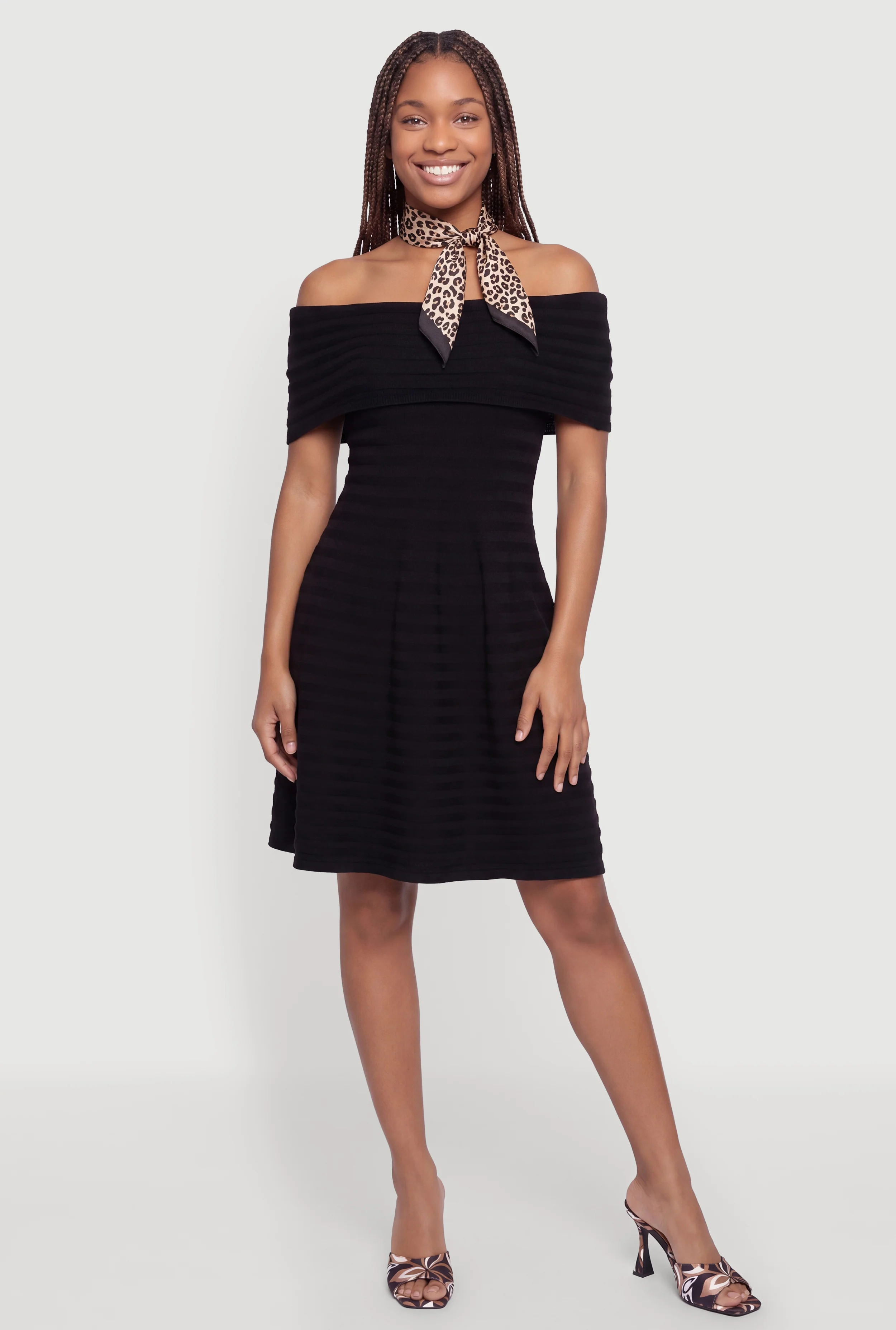 Ribbed Knit Off The Shoulder Skater Dress