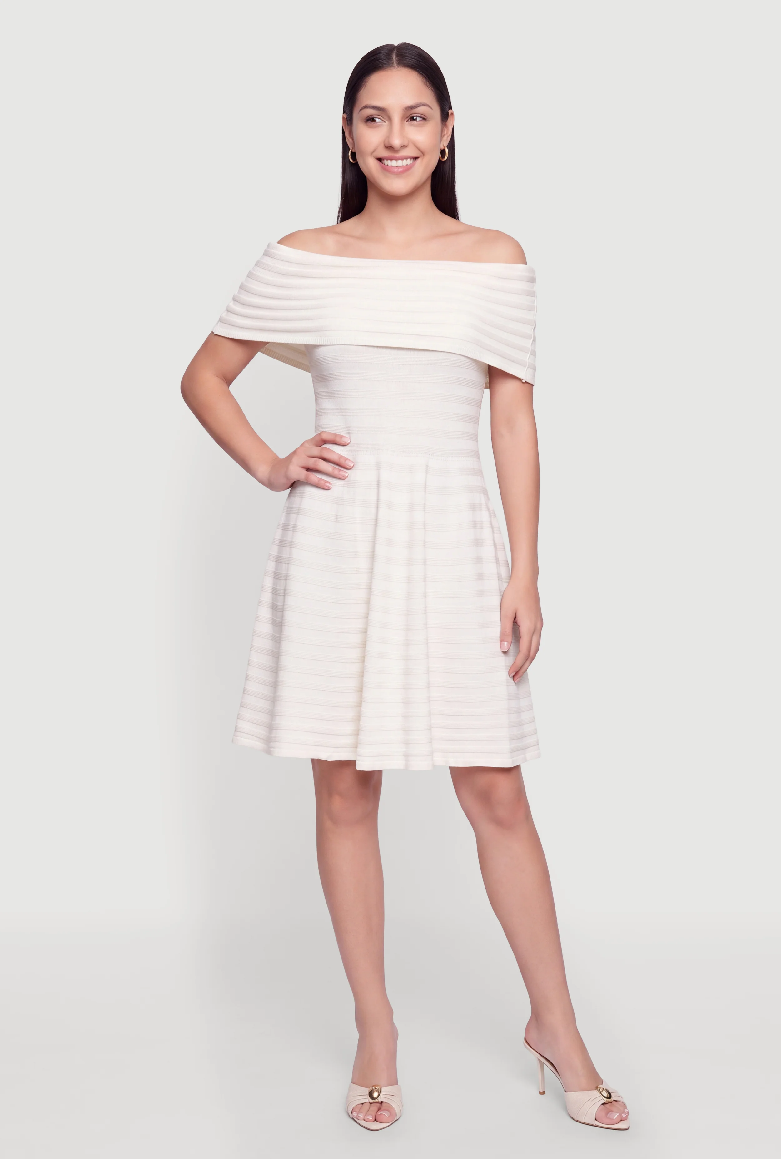 Ribbed Knit Off The Shoulder Skater Dress