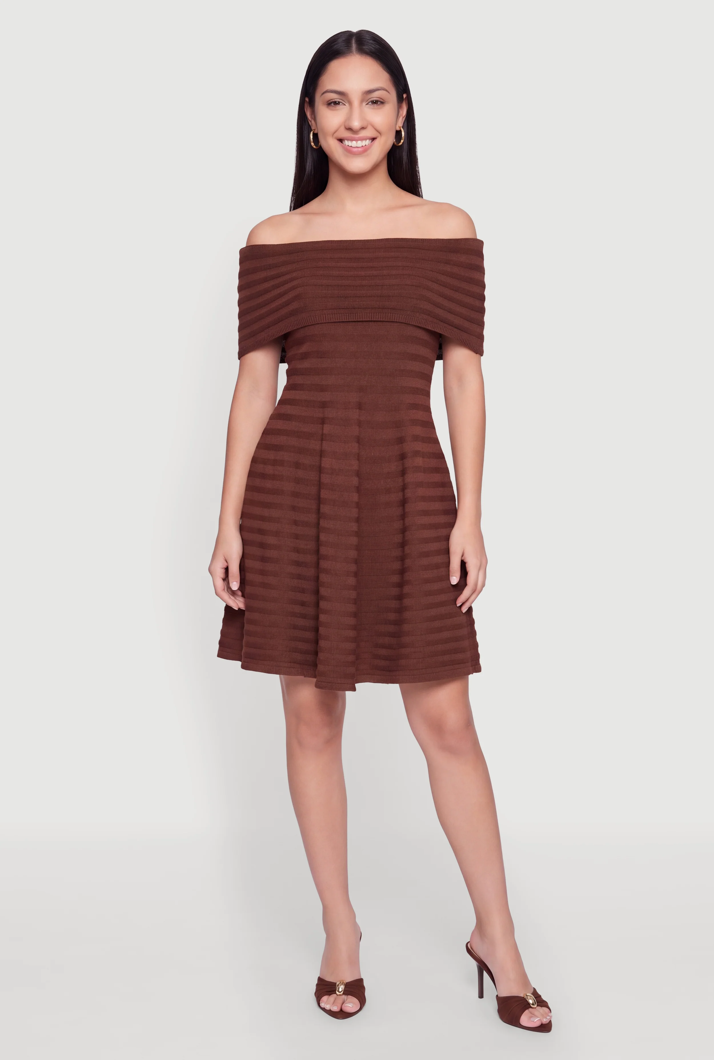 Ribbed Knit Off The Shoulder Skater Dress