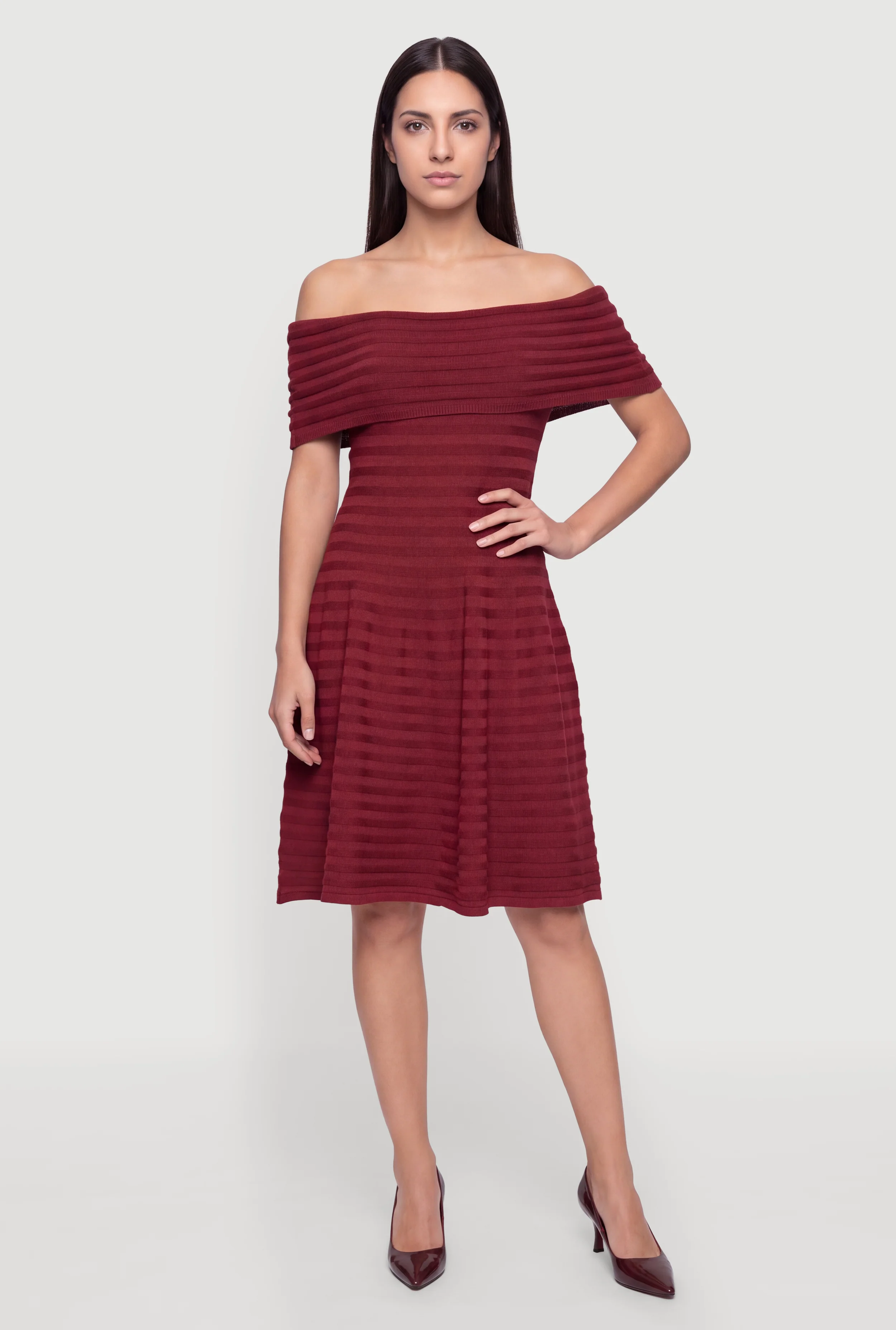 Ribbed Knit Off The Shoulder Skater Dress