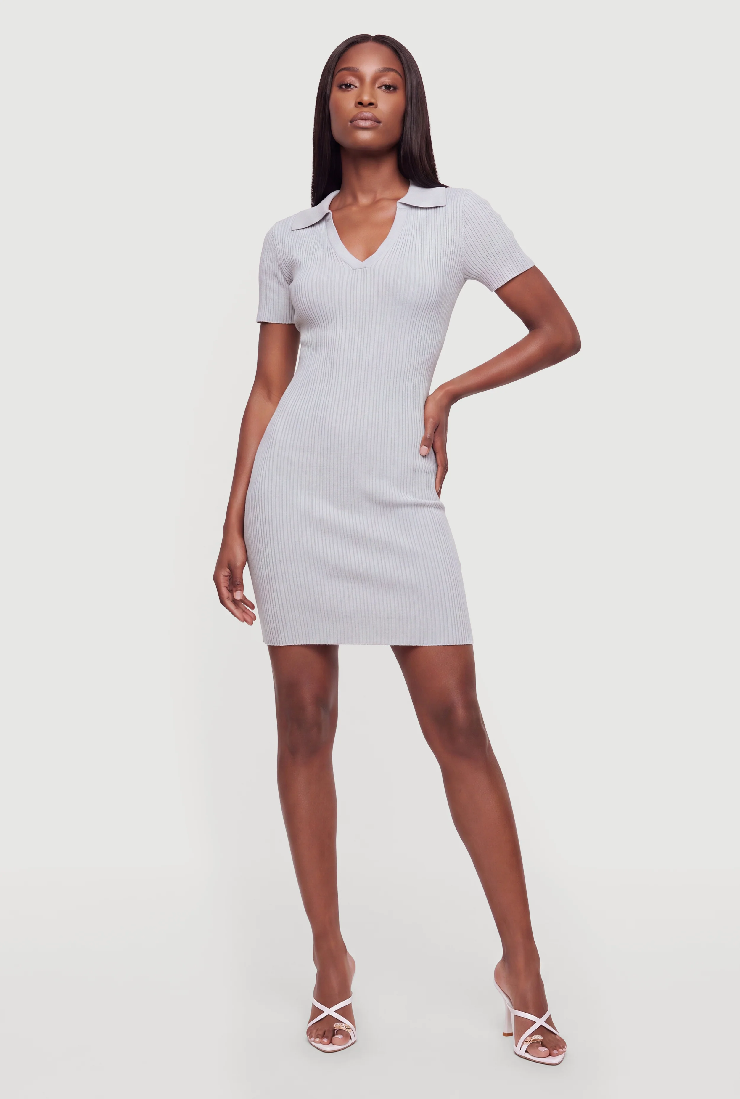 Ribbed Knit Johnny Collar Mini Dress