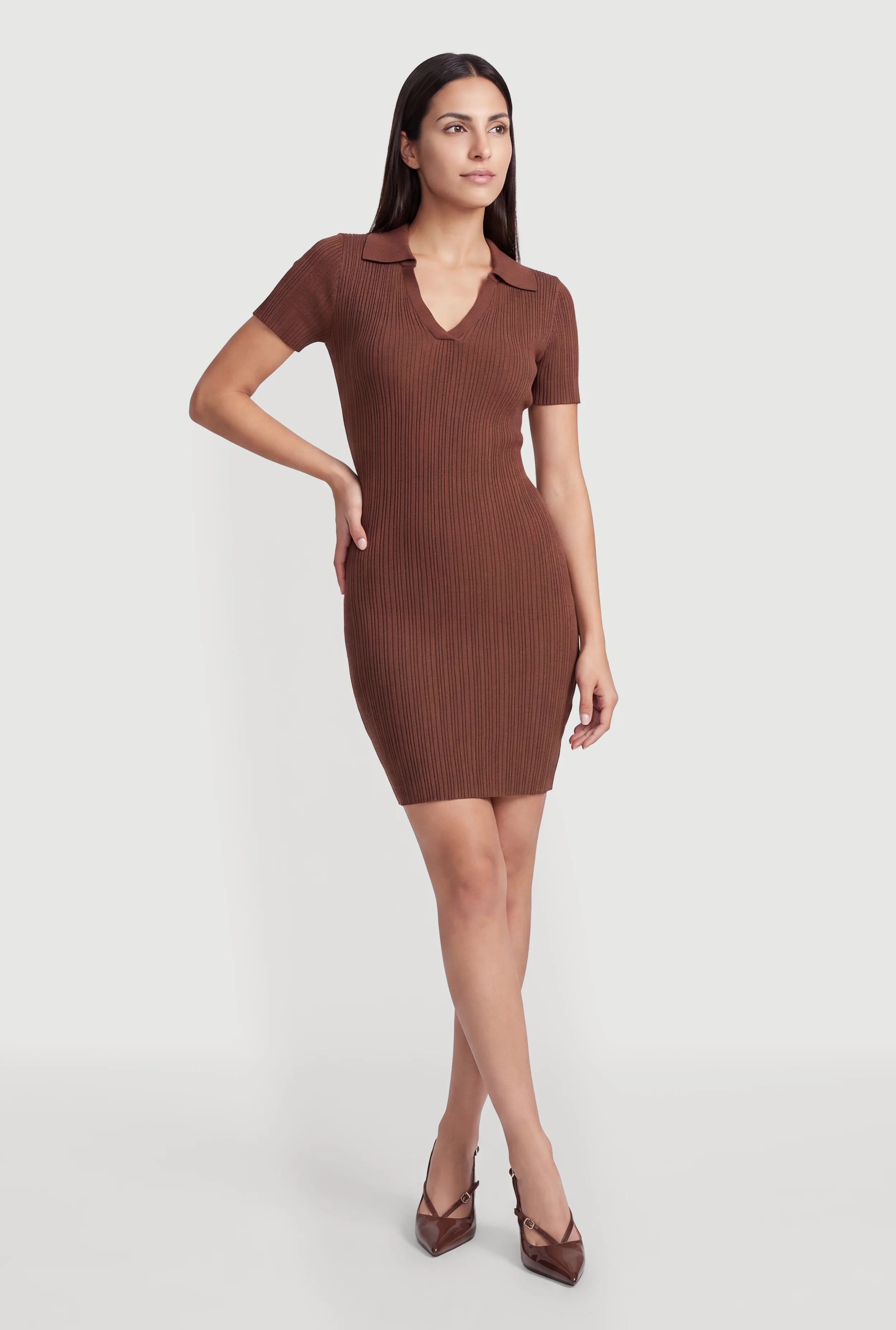 Ribbed Knit Johnny Collar Mini Dress