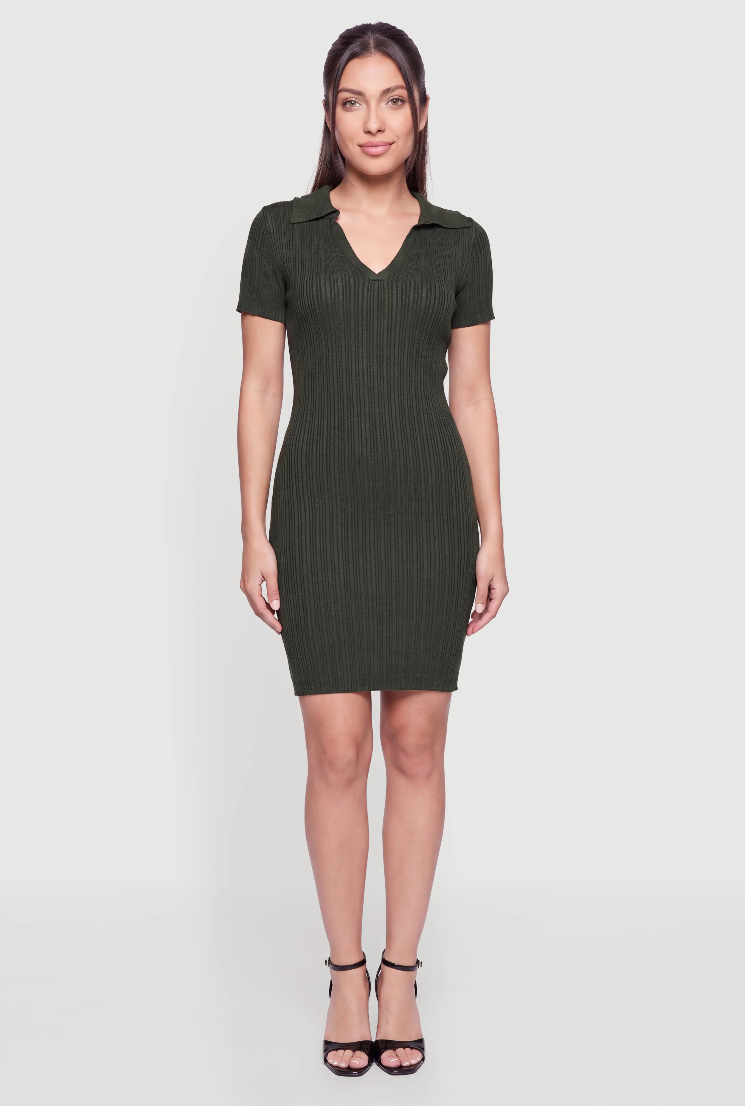 Ribbed Knit Johnny Collar Mini Dress