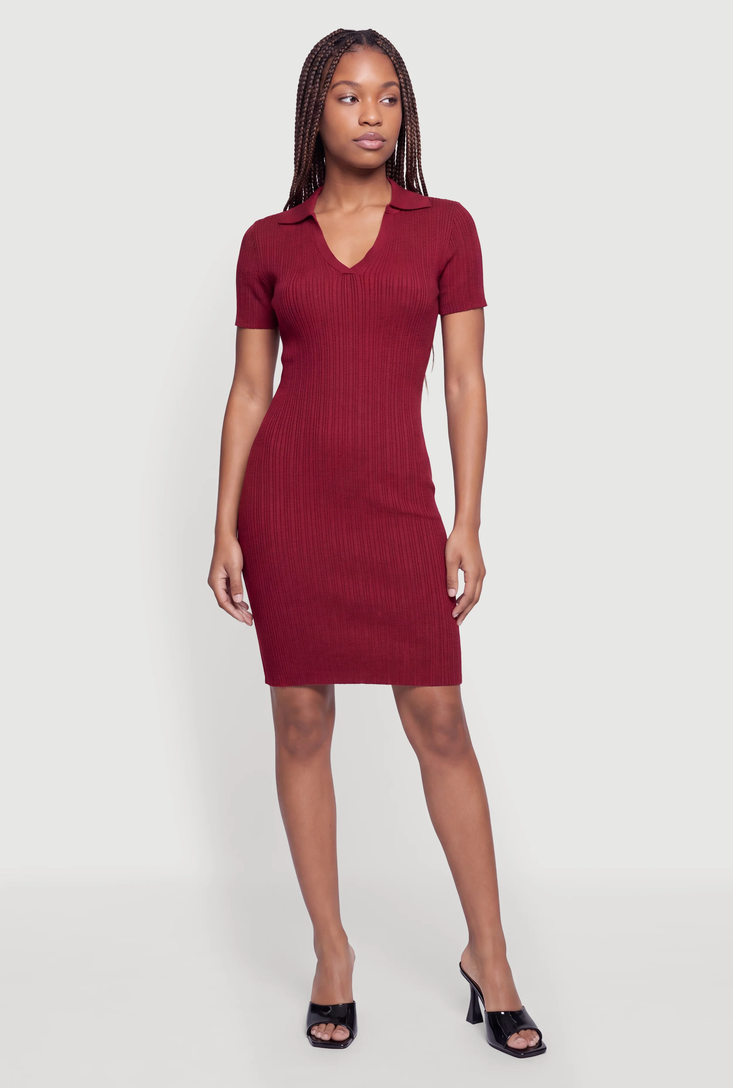 Ribbed Knit Johnny Collar Mini Dress