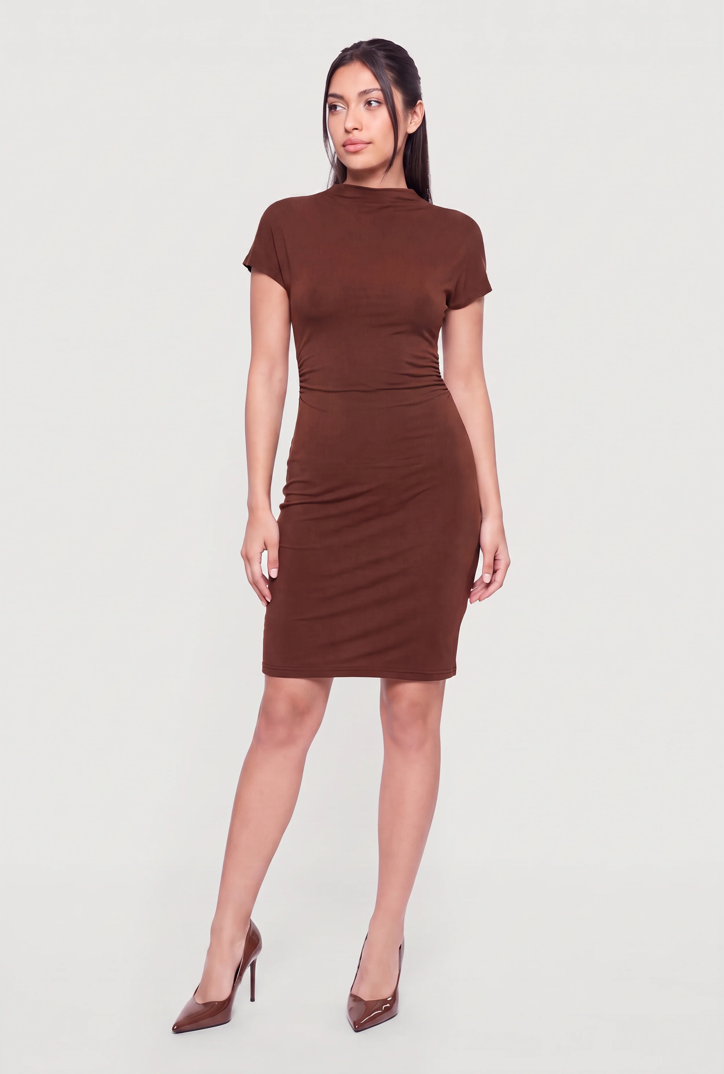 Funnel Neck Side Ruched Mini Dress