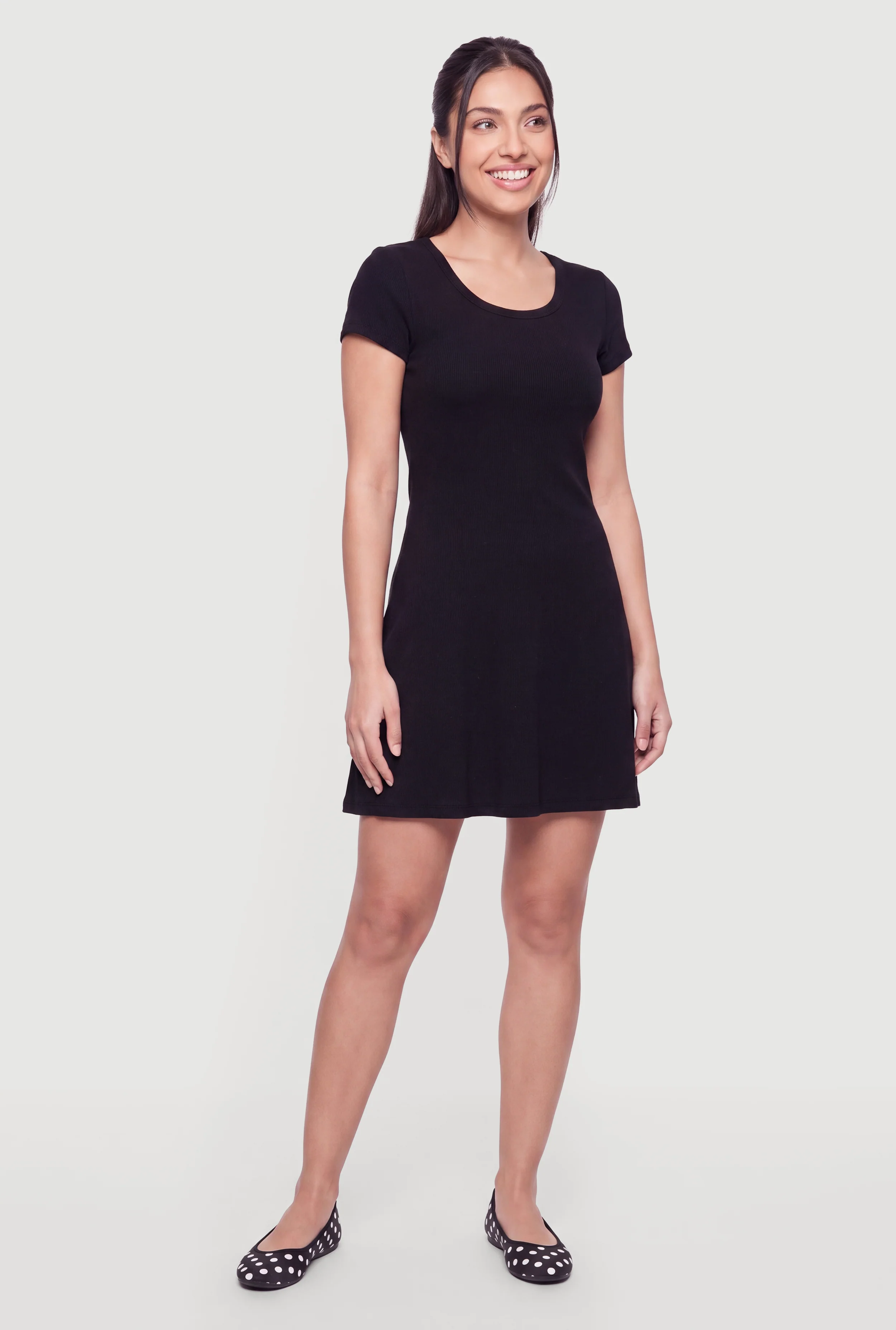 Ribbed Knit Short Sleeve Scoop Neck Skater Dress