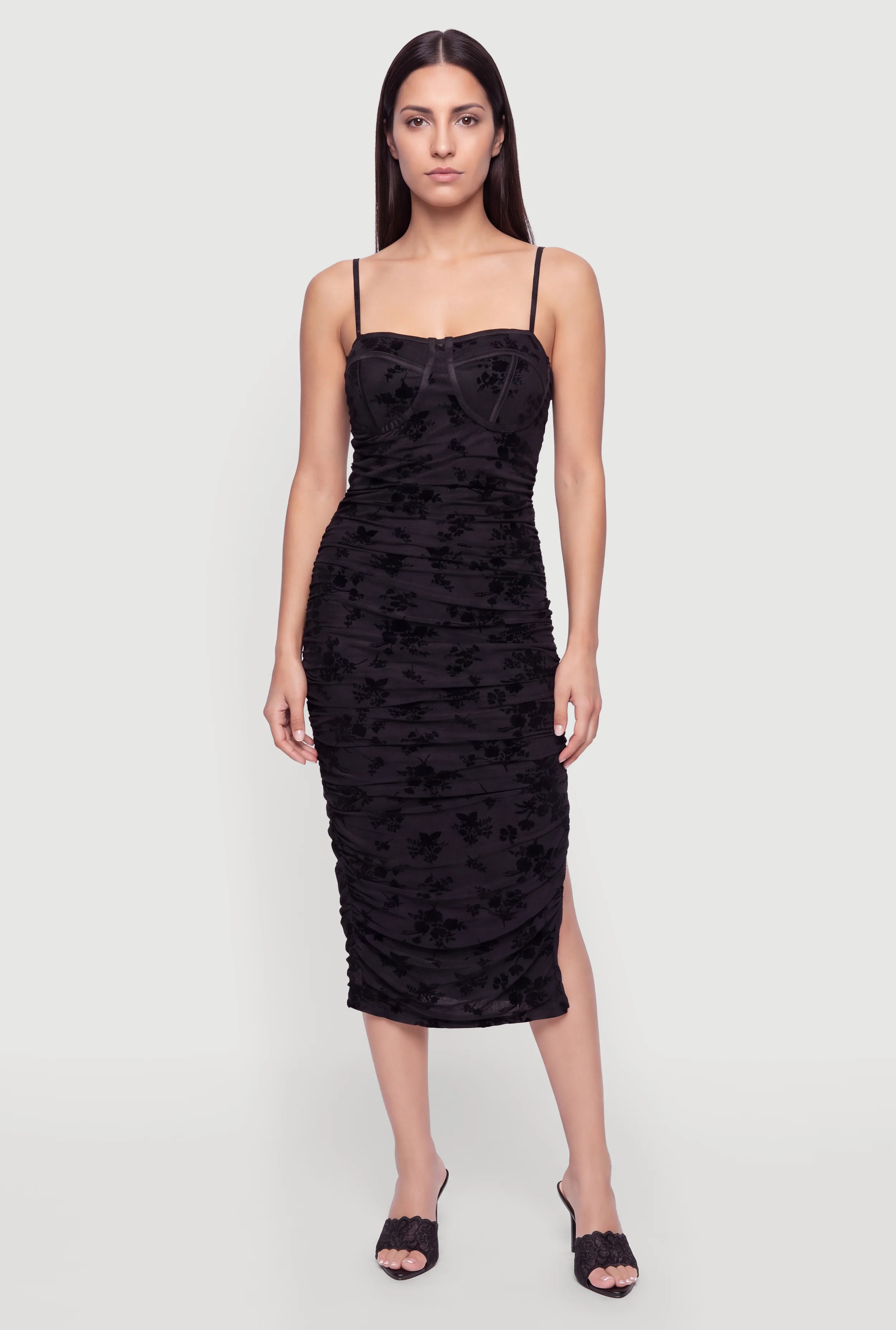 Floral Velvet Burnout Mesh Ruched Bustier Dress