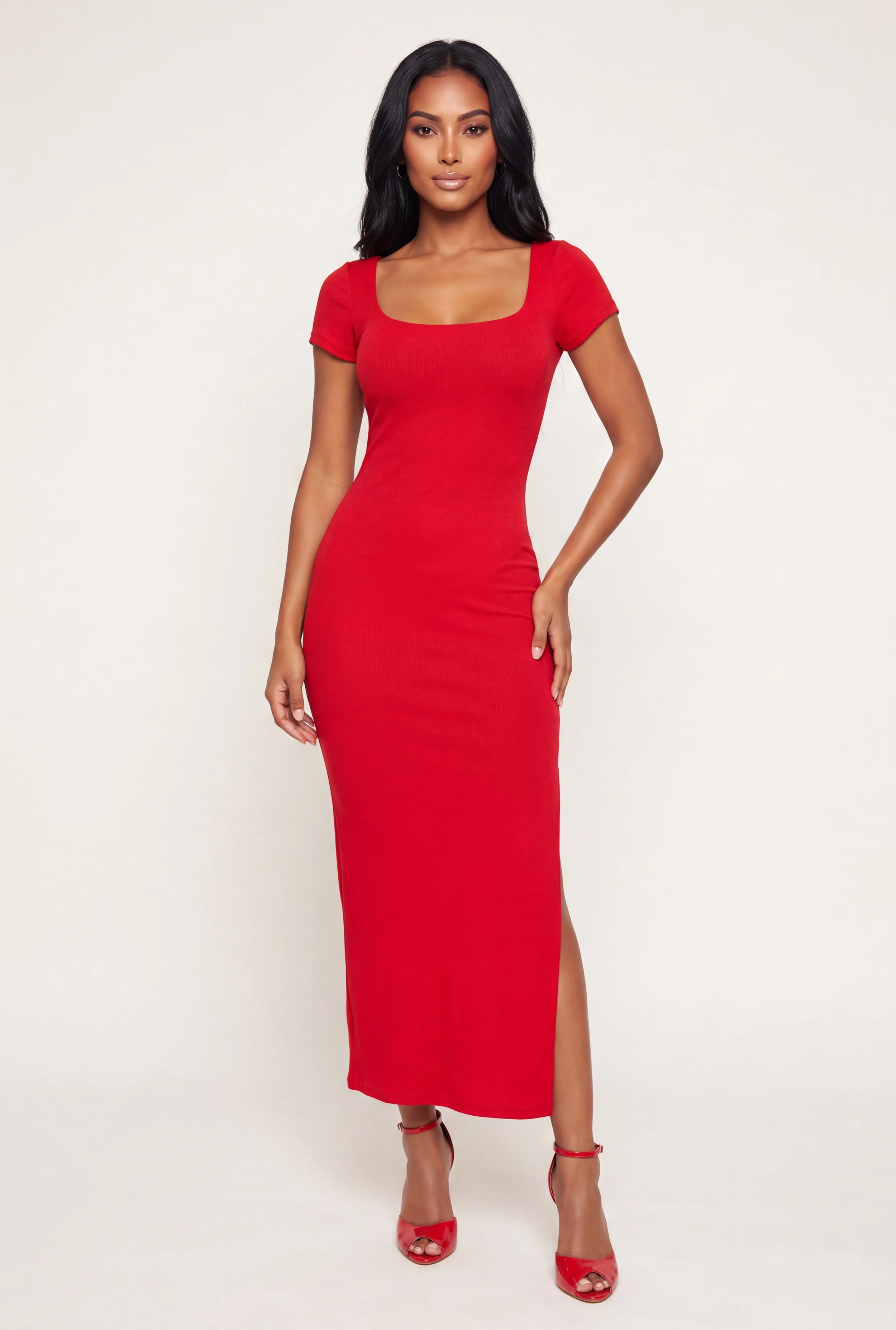 Ribbed Knit Square Neck Maxi Dress