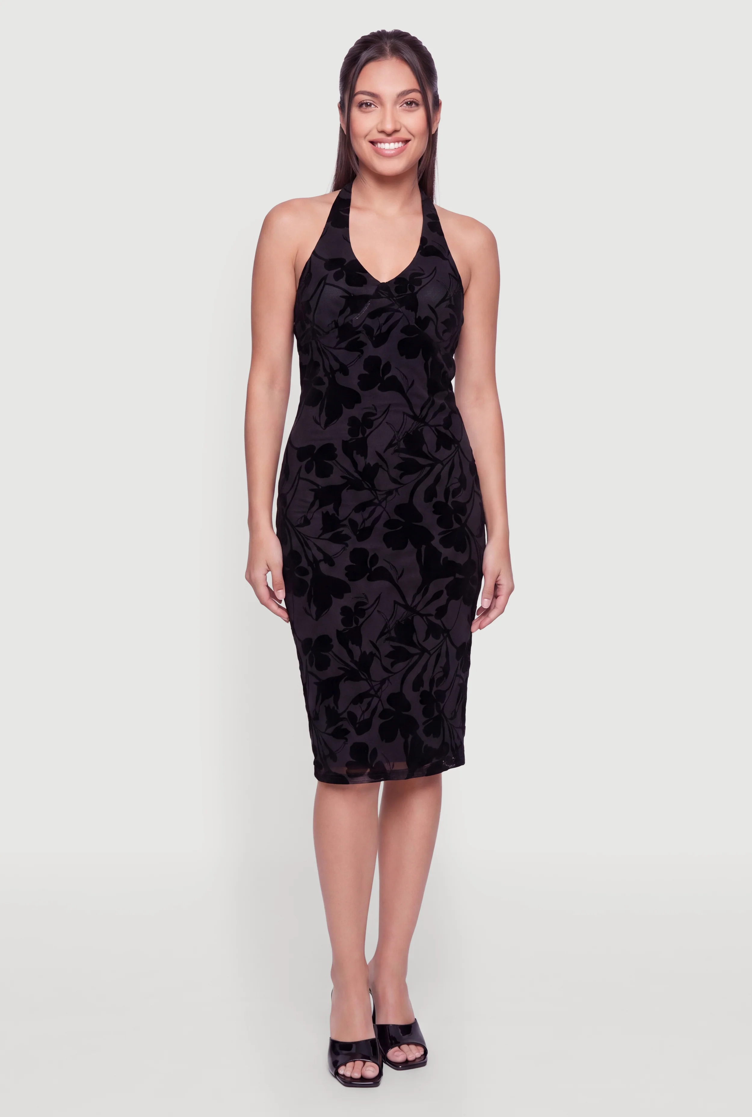 Floral Velvet Burnout Mesh Halter Midi Dress