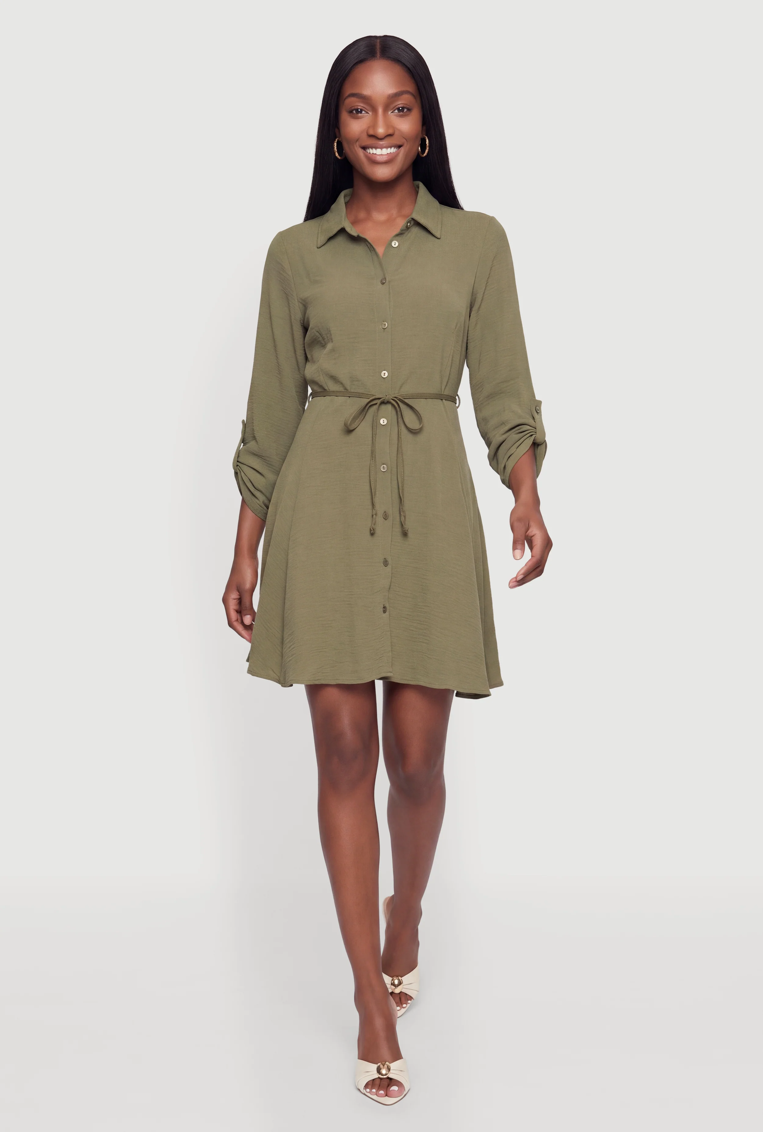 Tie Waist Belted Button Front Shirt Dress