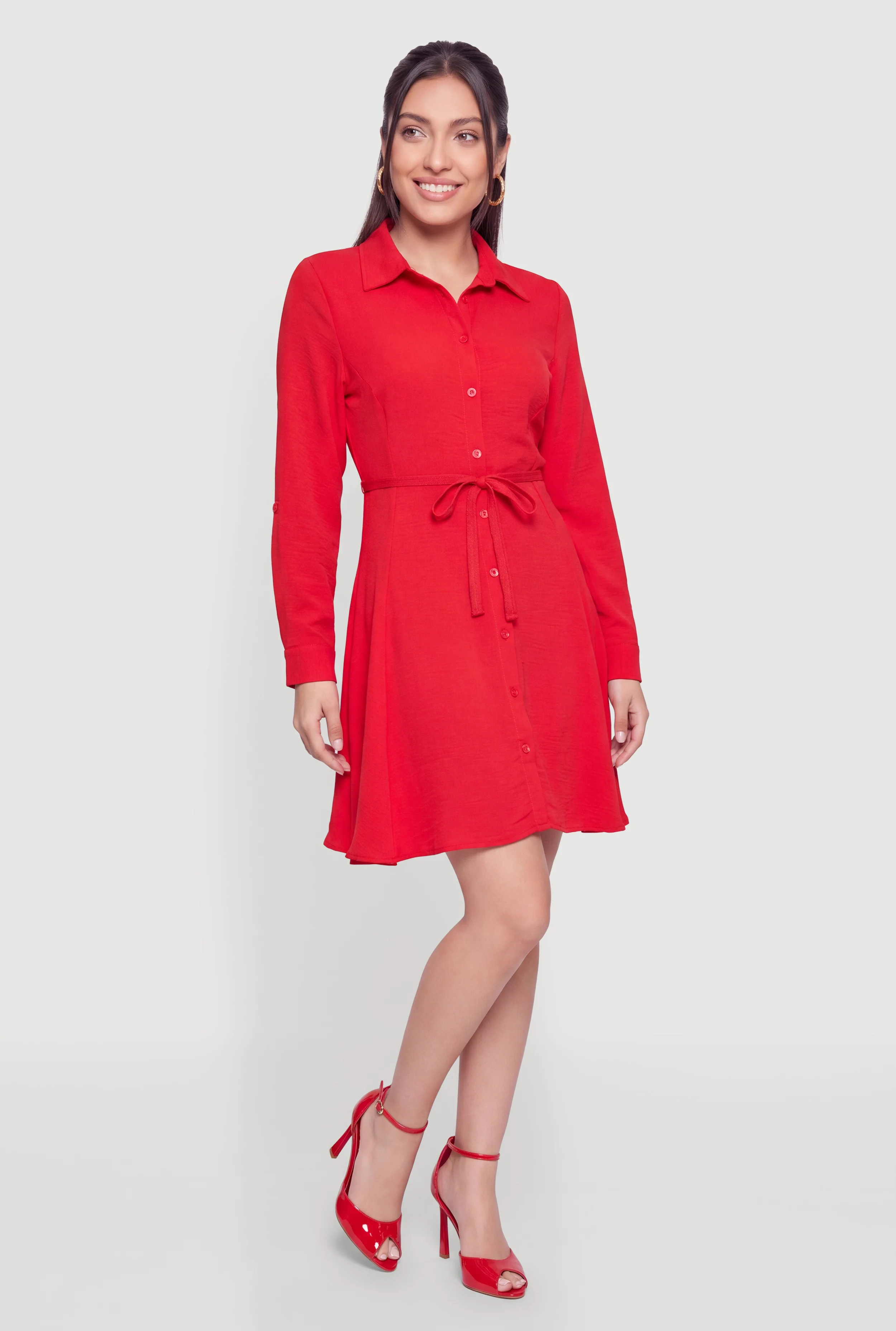 Tie Waist Belted Button Front Shirt Dress