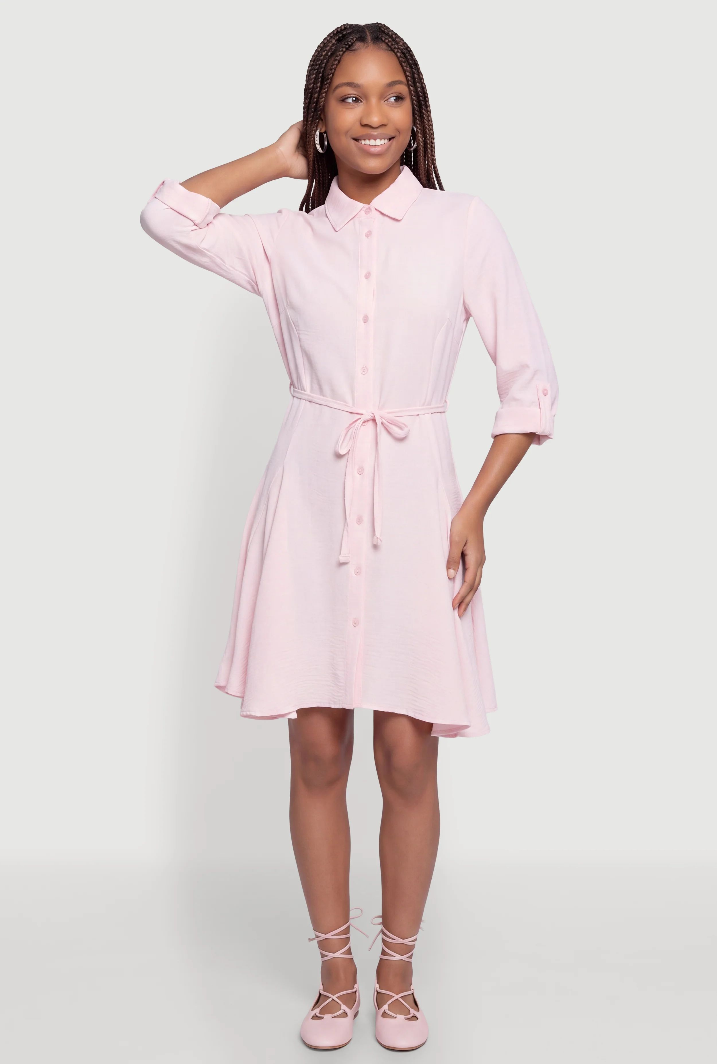 Tie Waist Belted Button Front Shirt Dress