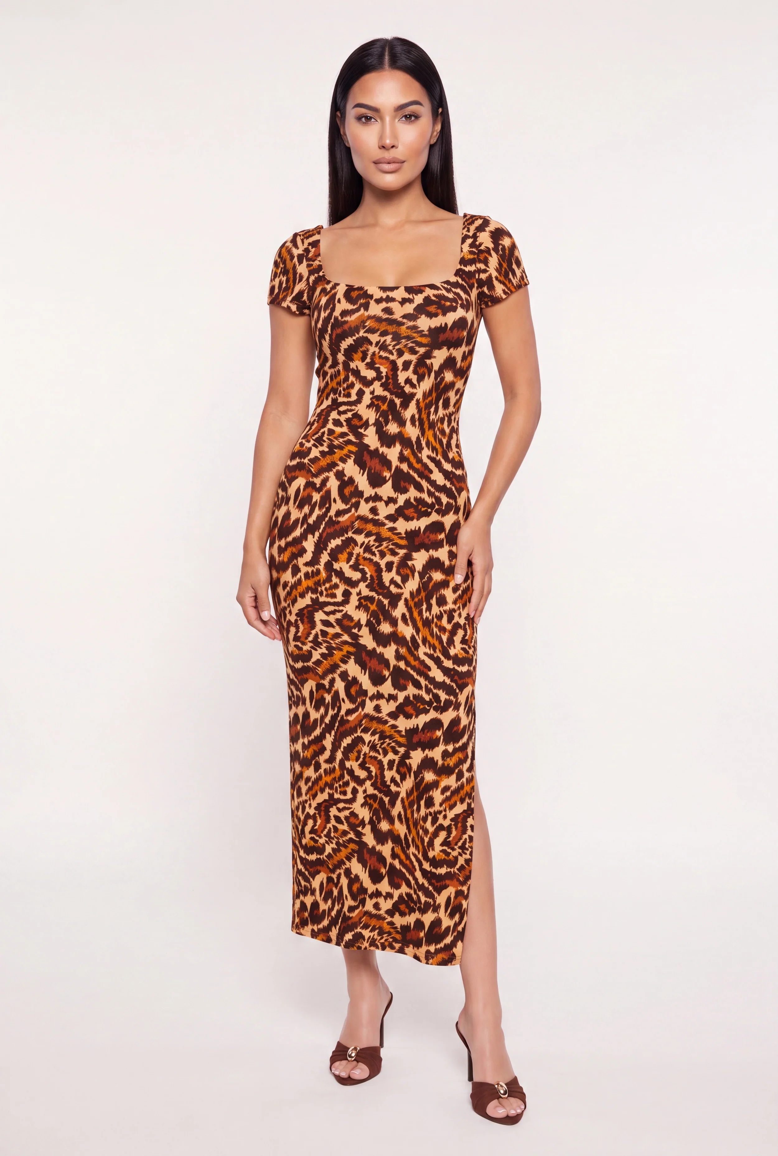 Leopard Print Square Neck Side Slit Maxi Dress
