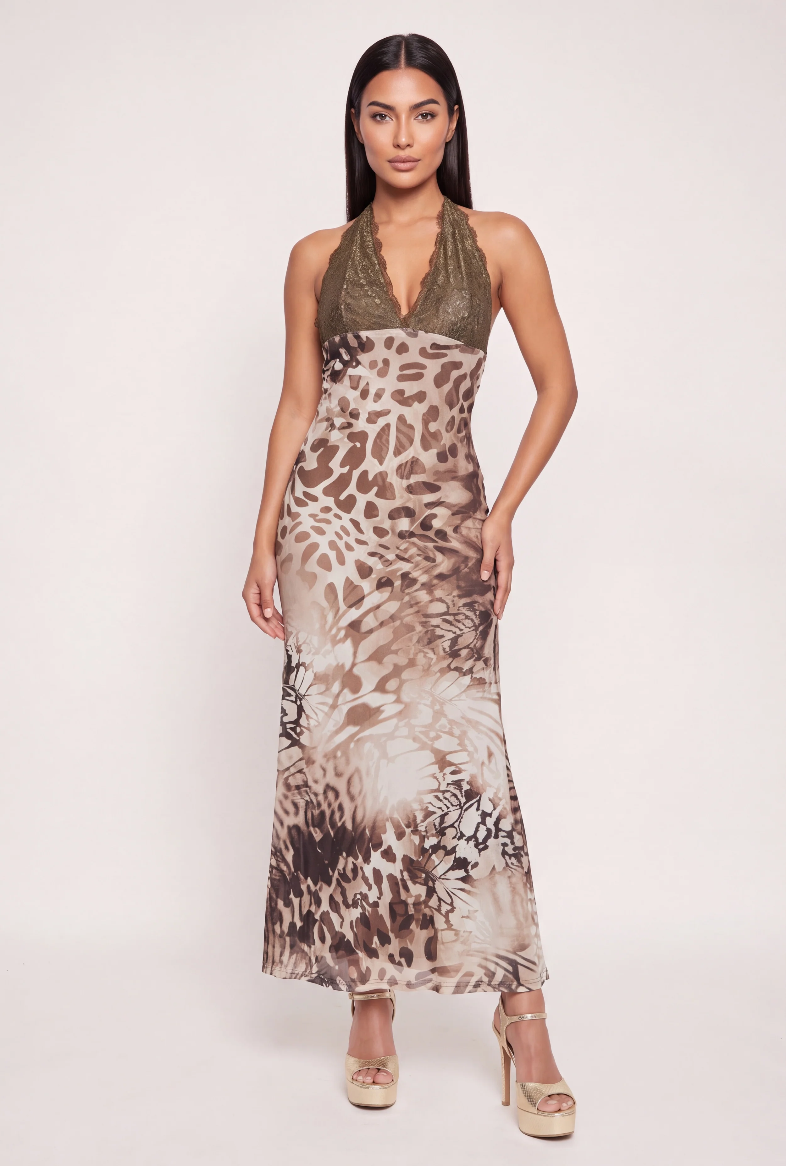 Scalloped Lace Tie Back Detail Halter Neck Maxi Dress