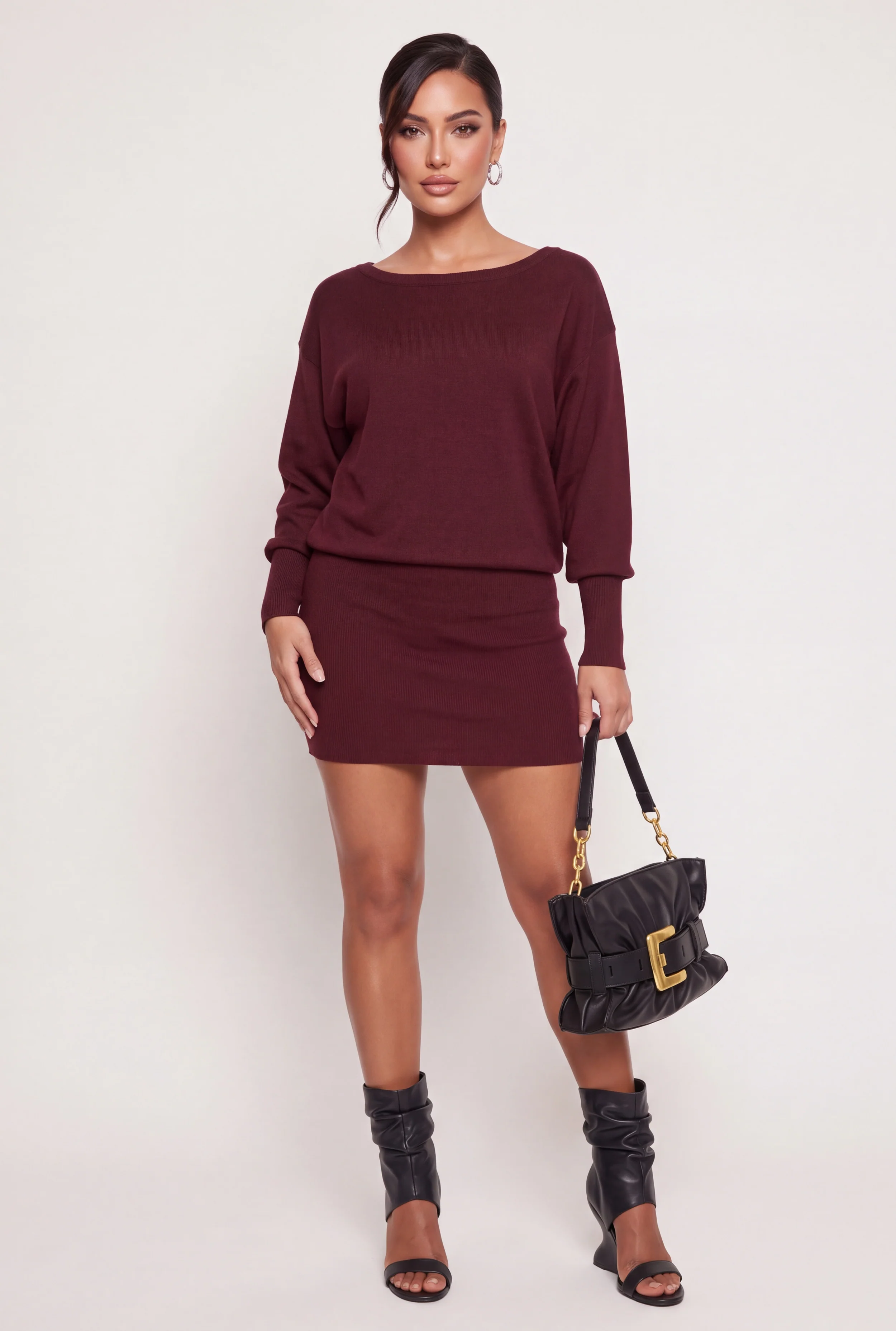 Boat Neck Blouson Sweater Mini Dress