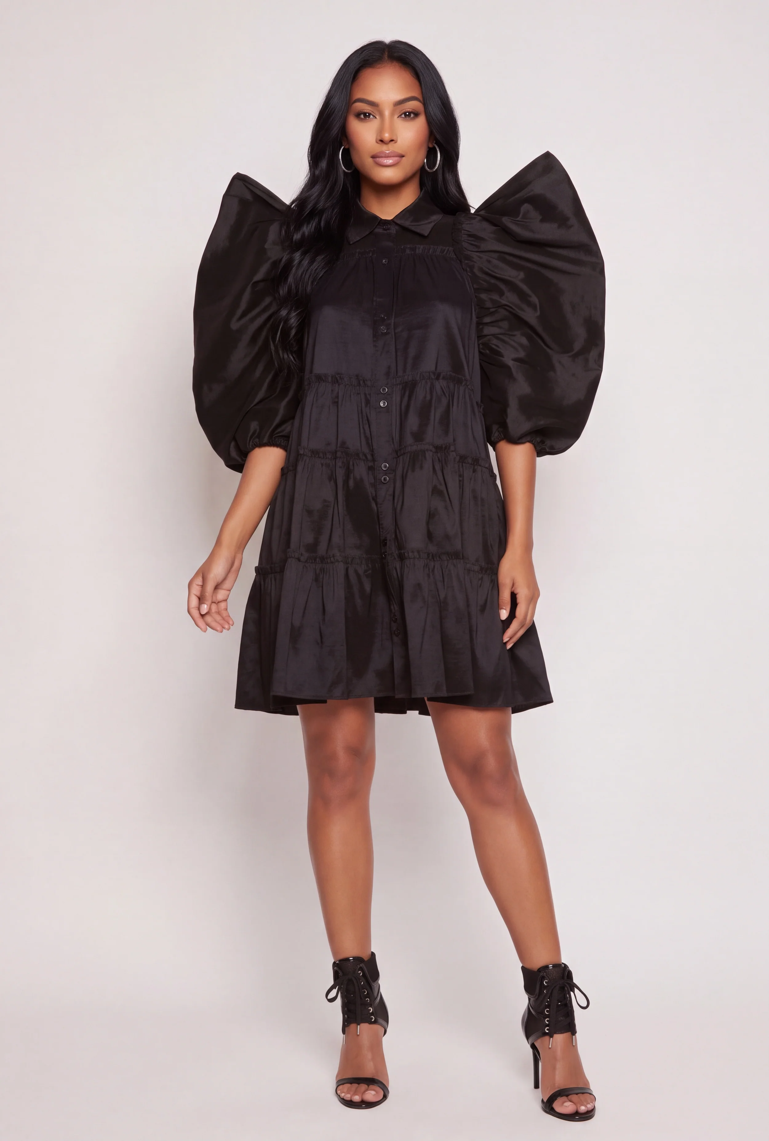 Puff Sleeve Tiered Shirt Dress
