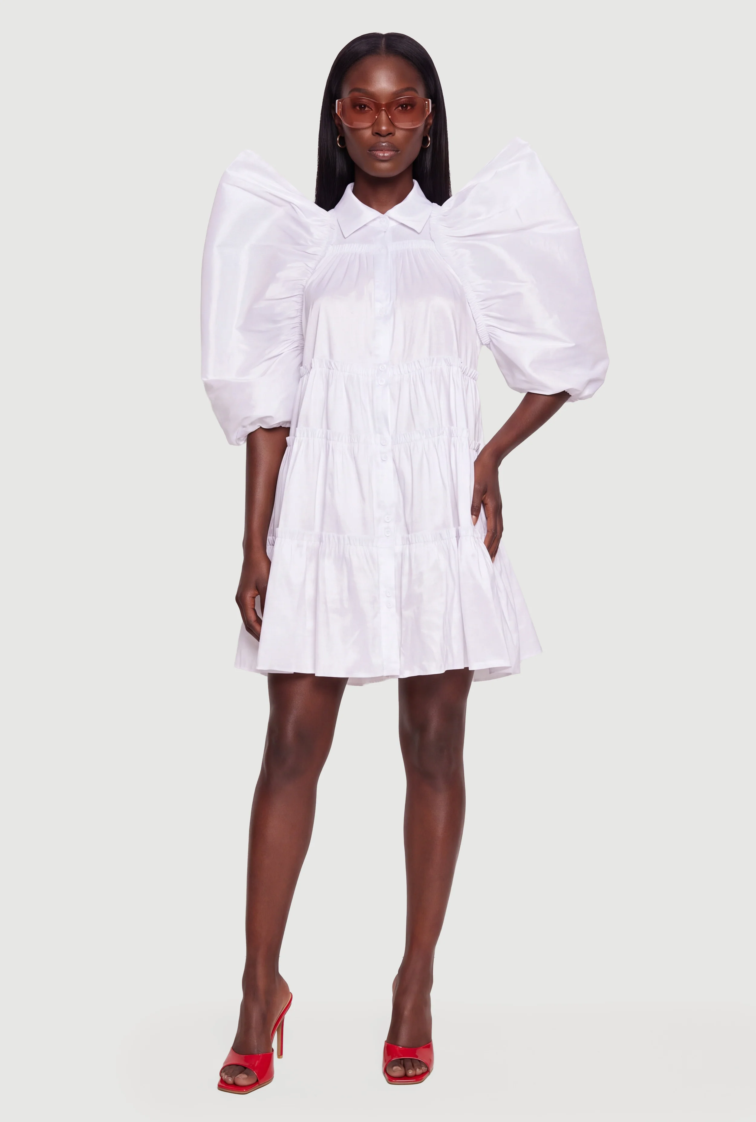Puff Sleeve Tiered Shirt Dress