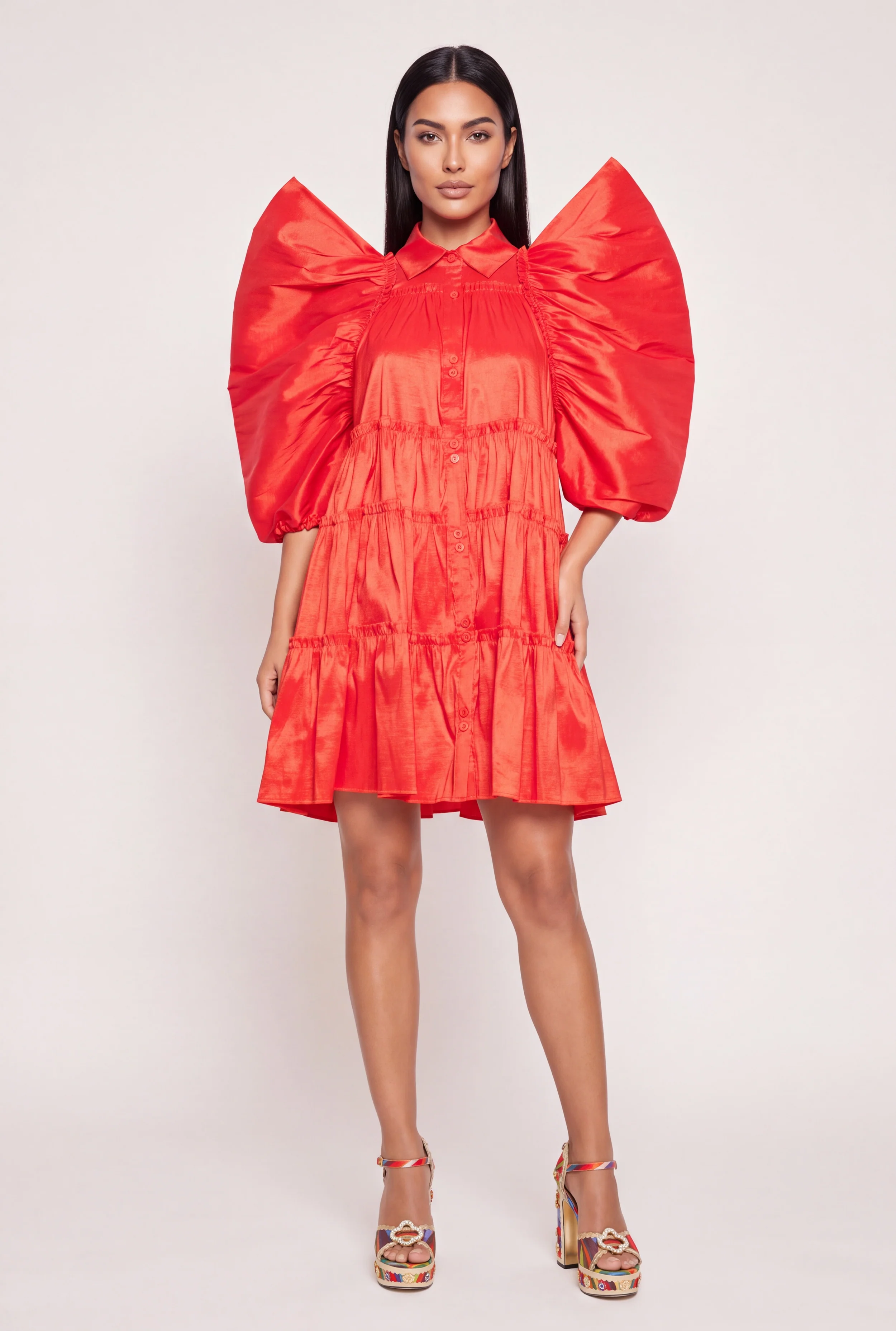 Puff Sleeve Tiered Shirt Dress