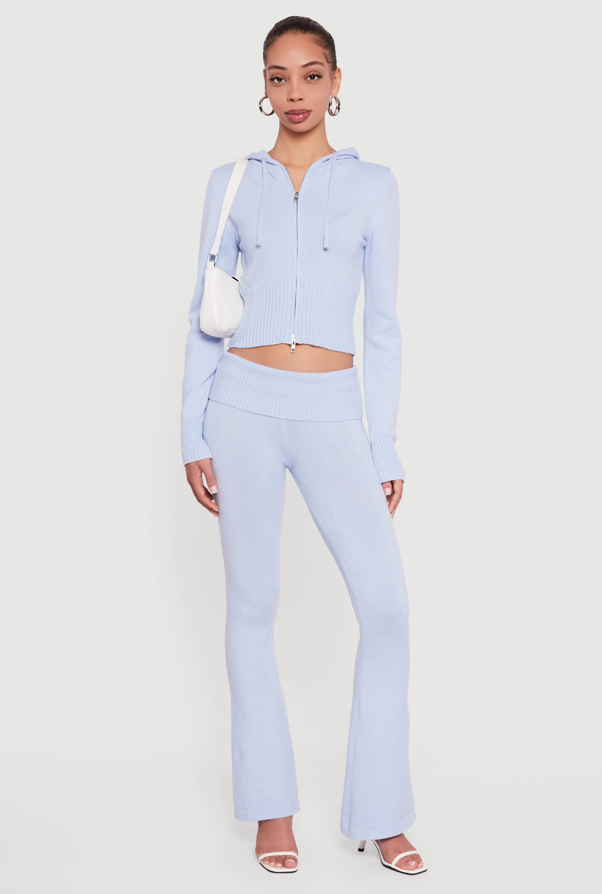 Mid Rise Ribbed Knit Flare Leg Pants