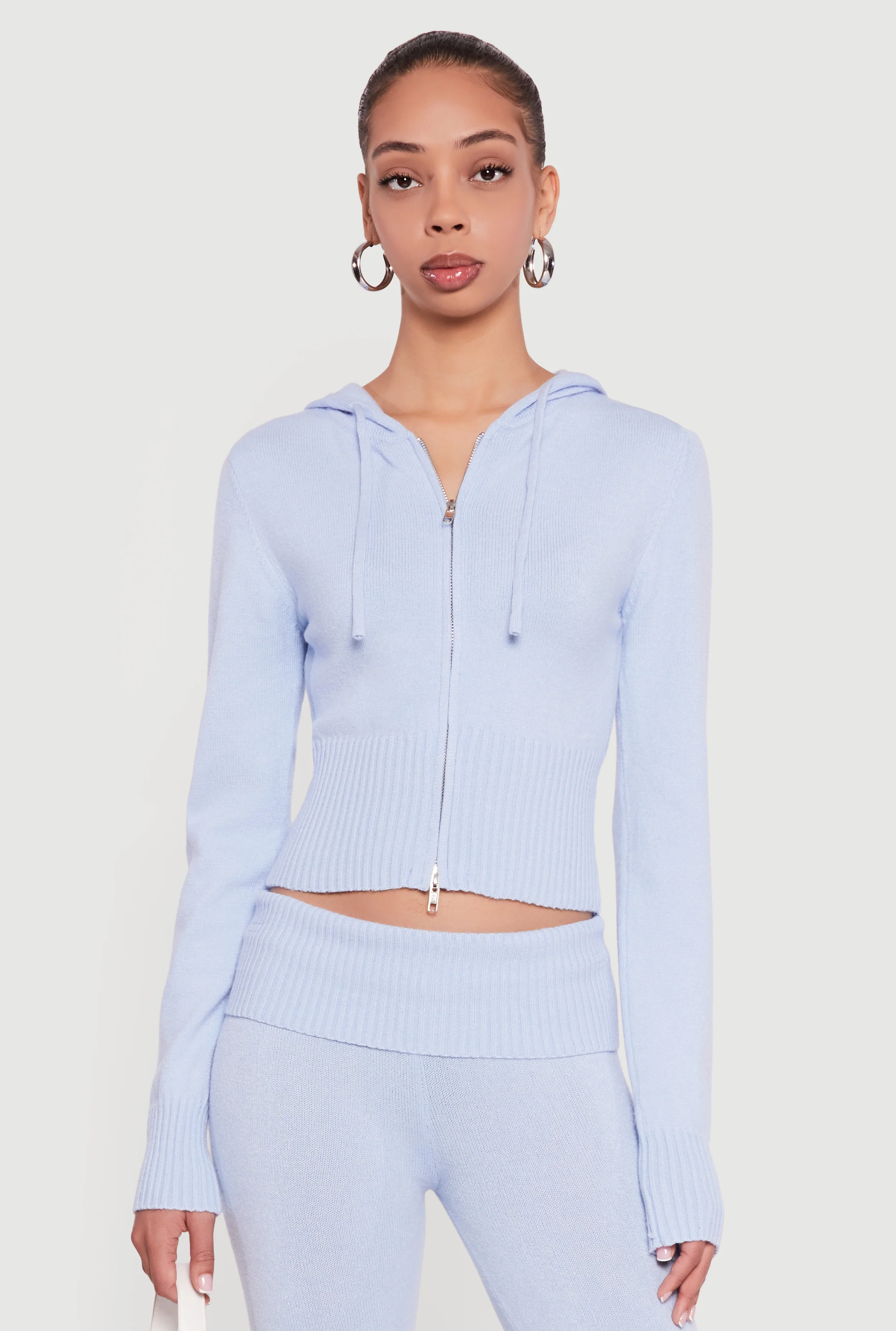 Cropped Ribbed Knit Zip Front Hooded Cardigan