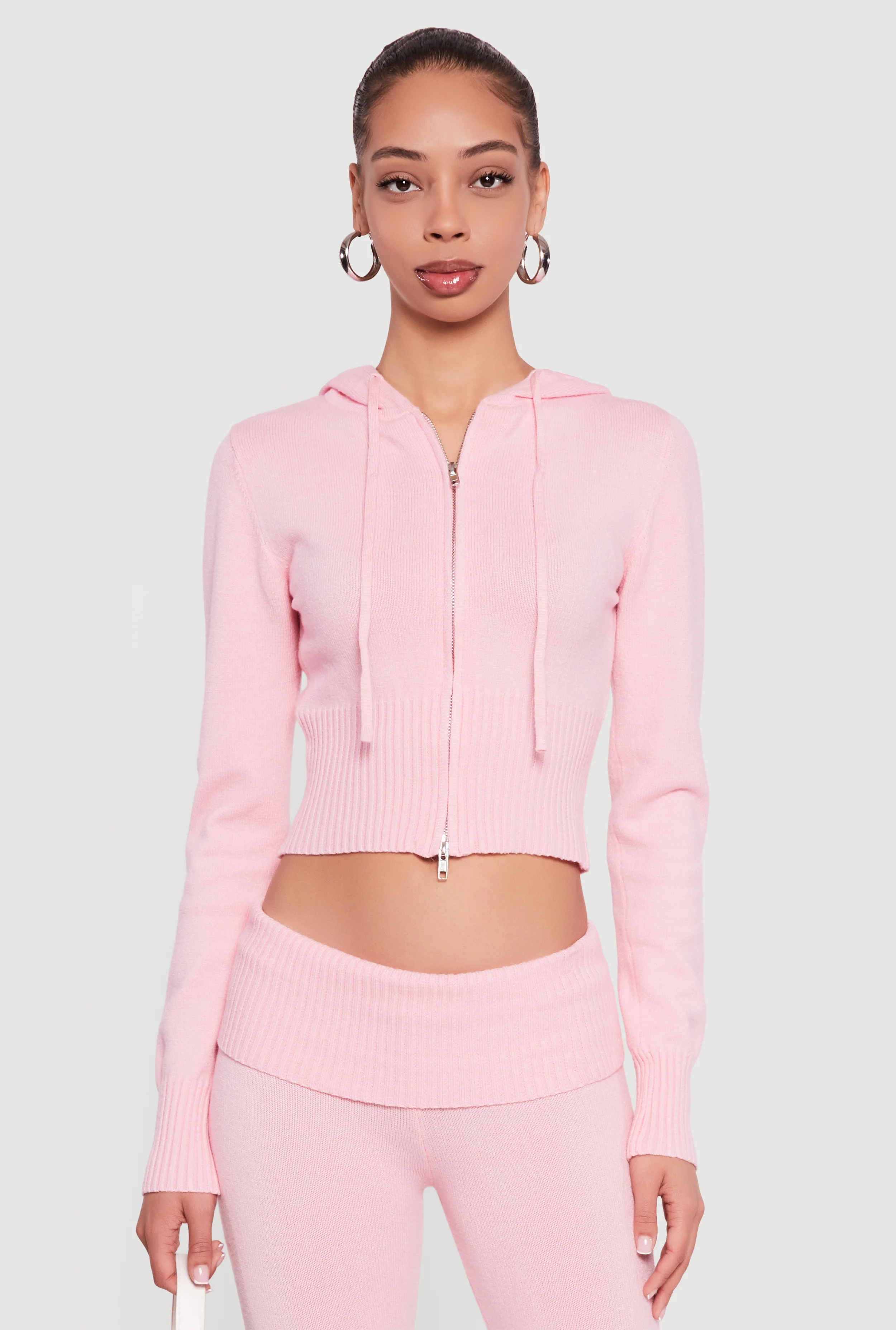 Cropped Ribbed Knit Zip Front Hooded Cardigan
